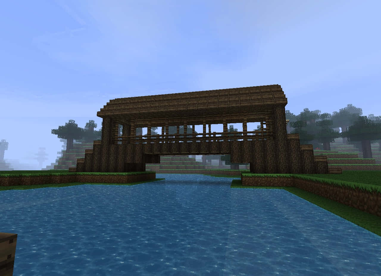 Minecraft Bridges, pixelated wooden bridge, calm blue river, HD Desktop Wallpaper