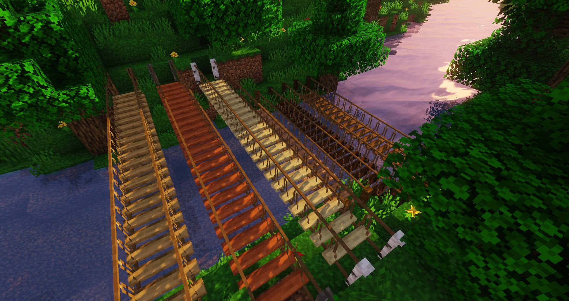 Minecraft Bridges, wooden train tracks, lush green Minecraft forest, Full HD Desktop Wallpaper