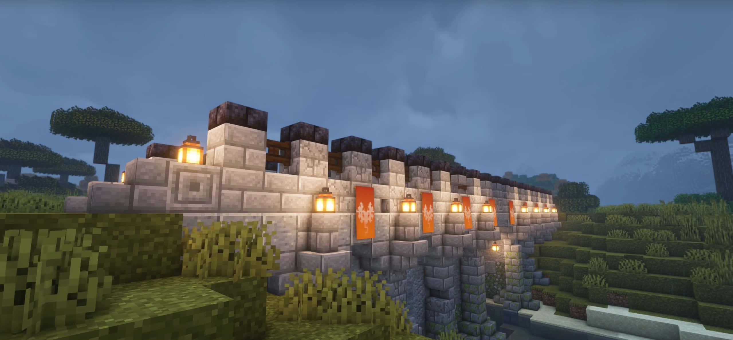 Minecraft, stone wall, glowing lanterns, Full HD Desktop Wallpaper