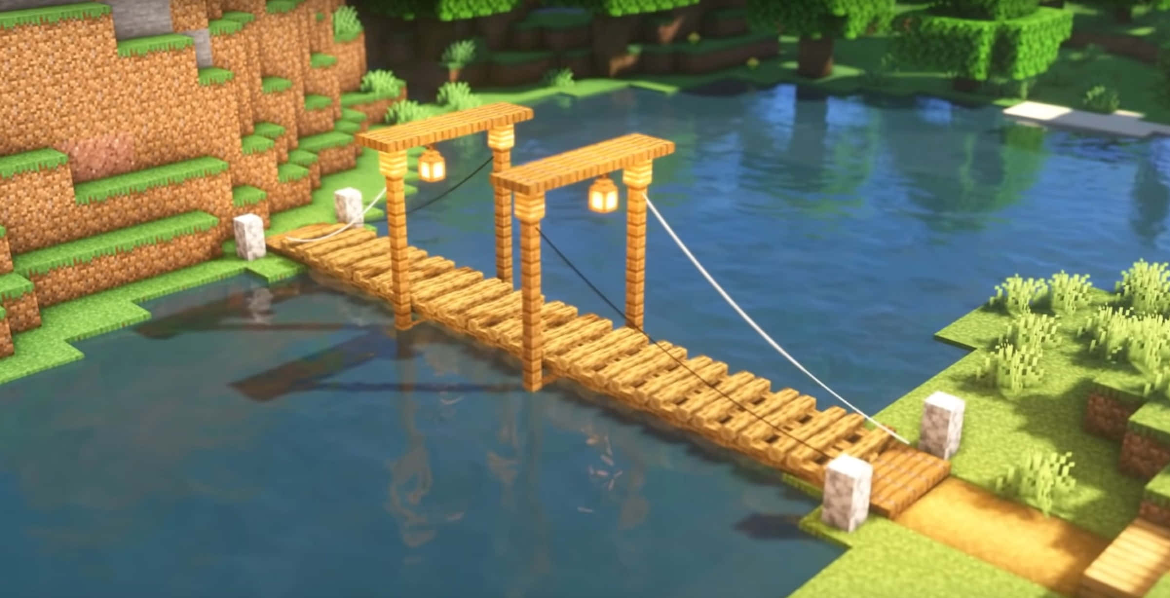 Minecraft Bridges, wooden suspension bridge, lanterns, Full HD Desktop Wallpaper