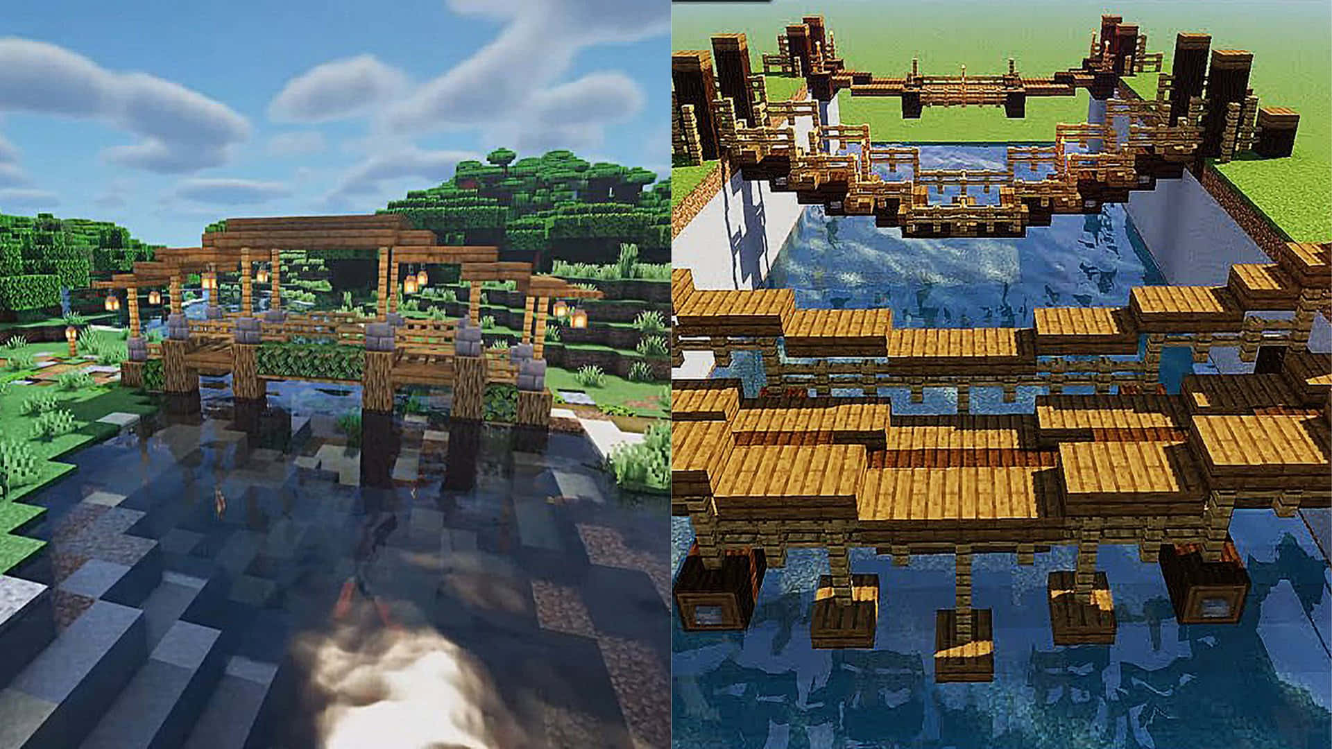Minecraft, wooden bridge, pixelated river, Full HD Desktop Wallpaper
