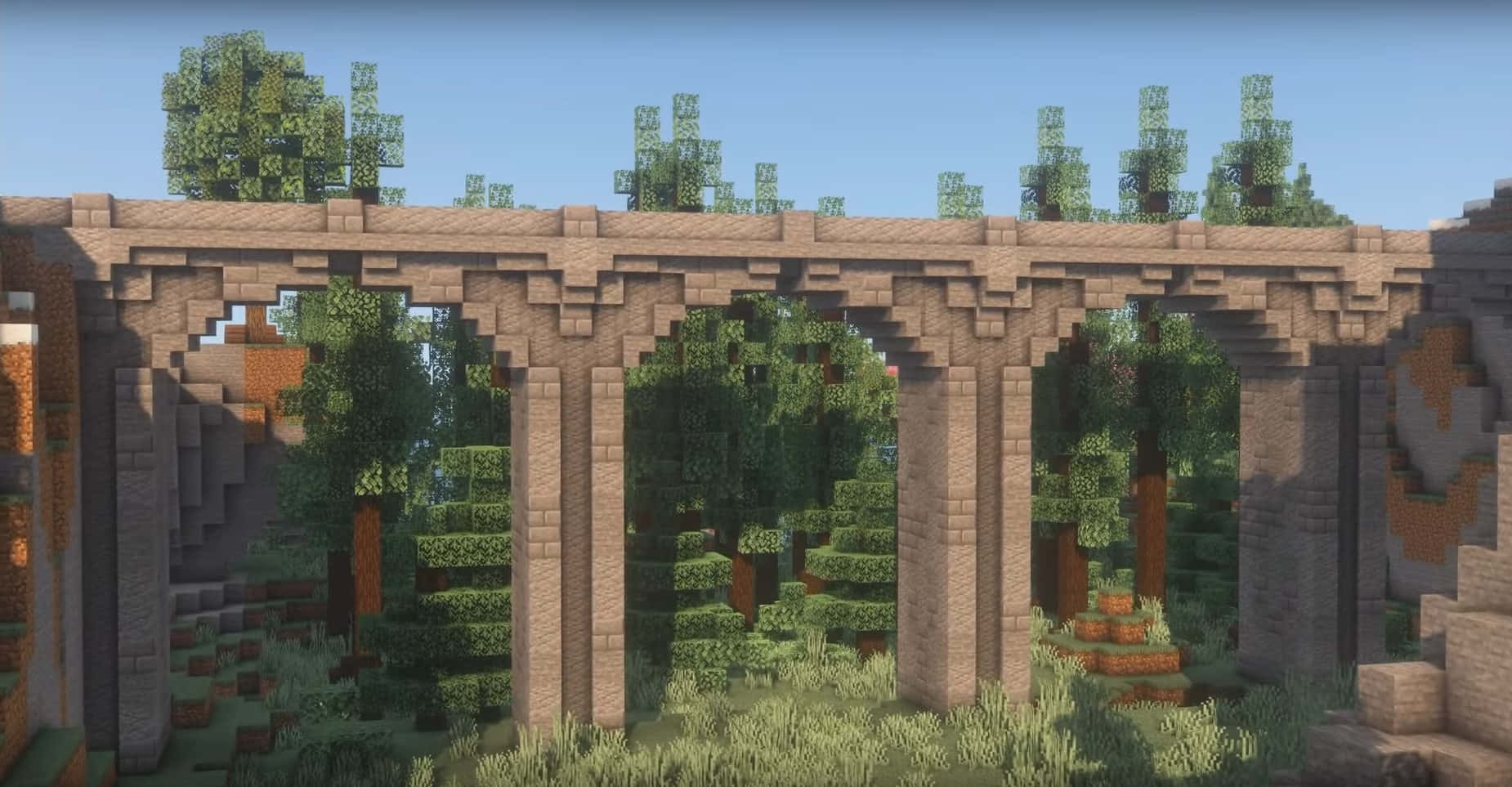 Minecraft, stone arch bridge, pixelated Minecraft forest, HD Desktop Wallpaper