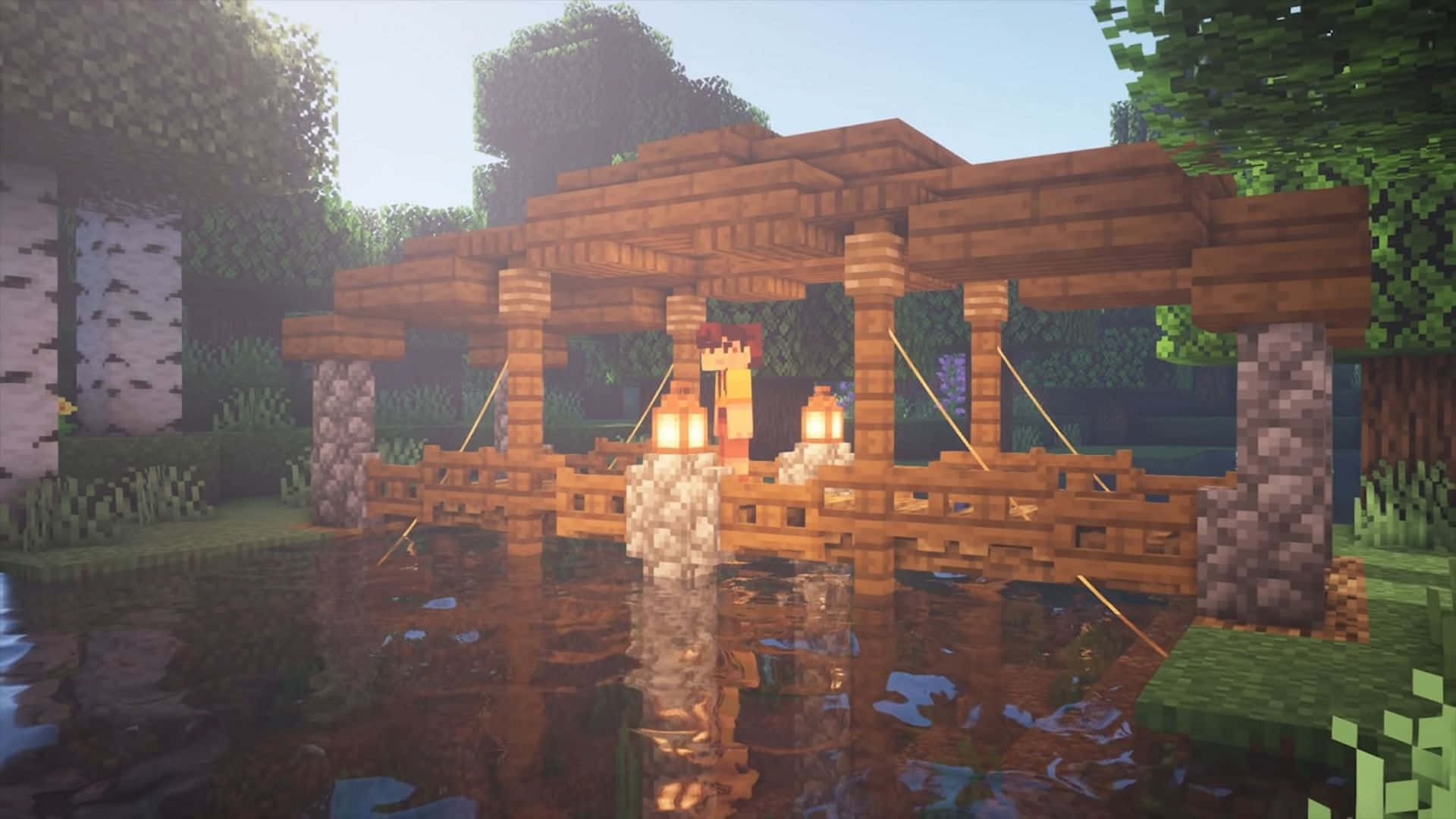 Minecraft, wooden bridge, glowing lanterns, Full HD Desktop Wallpaper