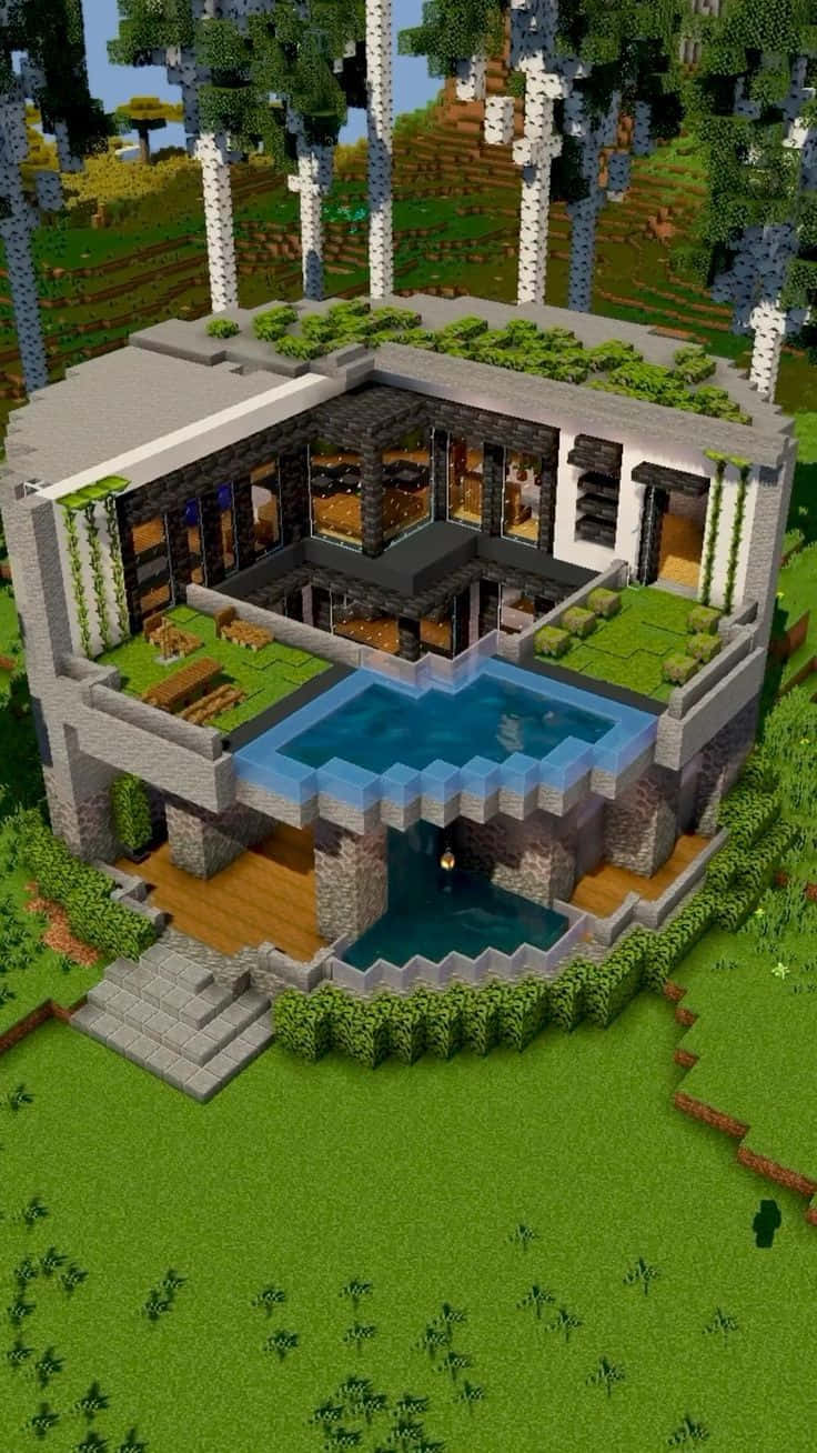 Minecraft, glass walls, pool, HD Phone Wallpaper