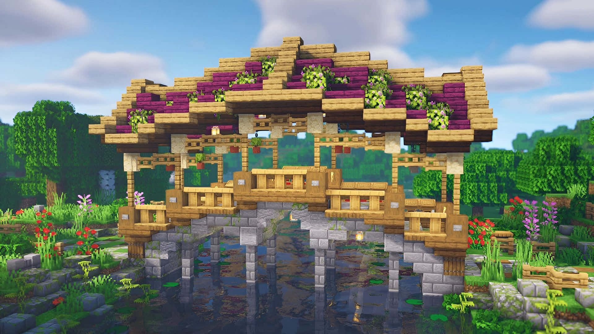 Minecraft, wooden gazebo, purple flowers, Full HD Desktop Wallpaper
