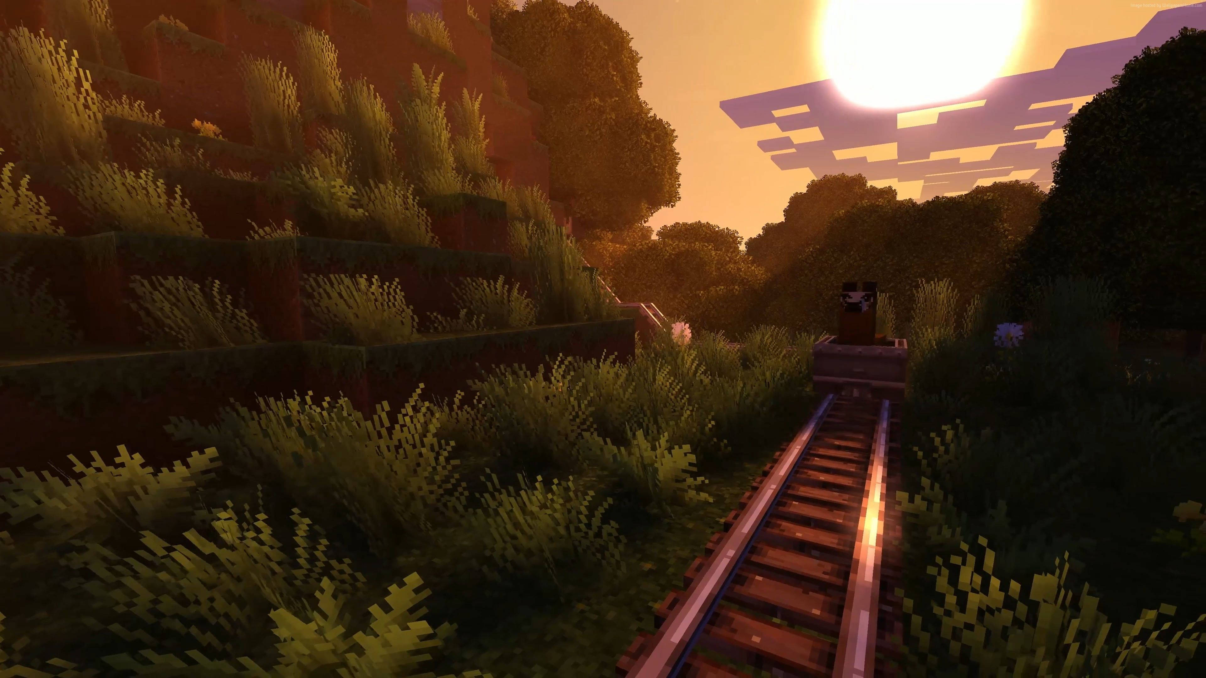 Minecraft, railway track, wooden tracks, 4K Desktop Wallpaper