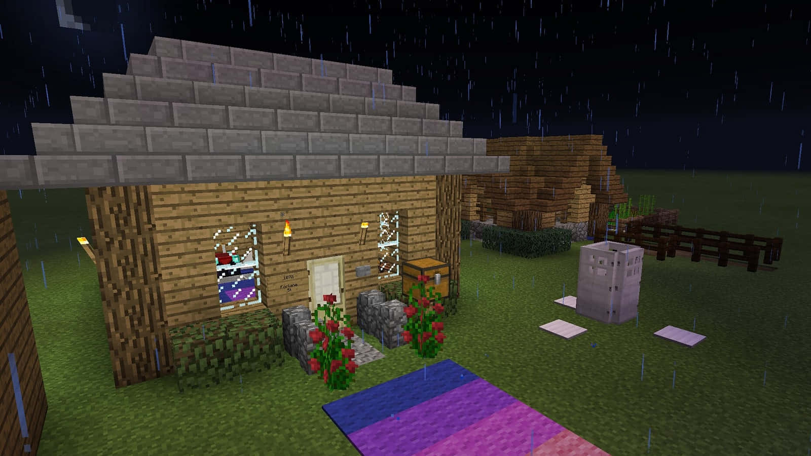 Minecraft, wooden house, glowing windows, HD Desktop Wallpaper