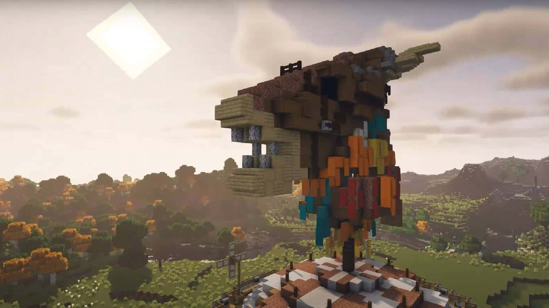 Minecraft Building, pixelated dragon sculpture, colorful blocks, Full HD Desktop Wallpaper