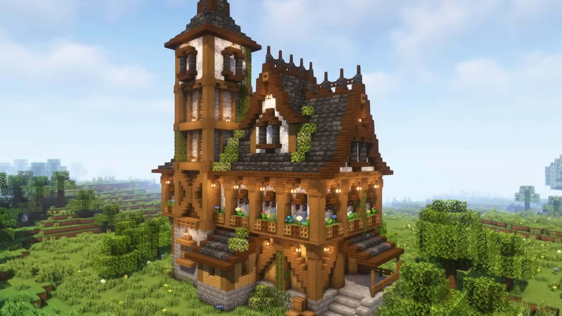Minecraft, Victorian-style house, glowing windows, Full HD Desktop Wallpaper