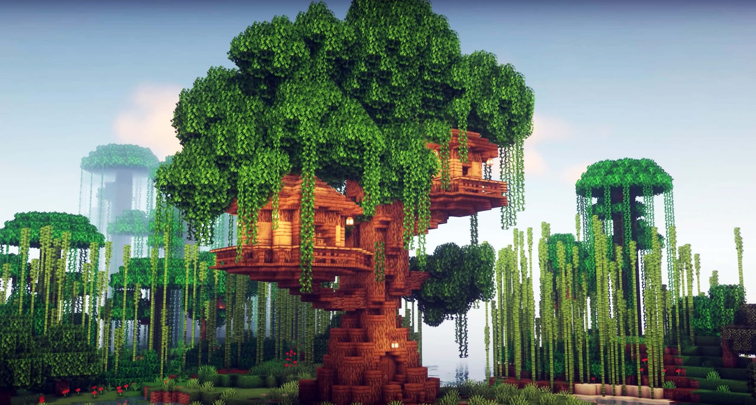 Minecraft, pixelated treehouse, lush Minecraft jungle, 2K Desktop Wallpaper