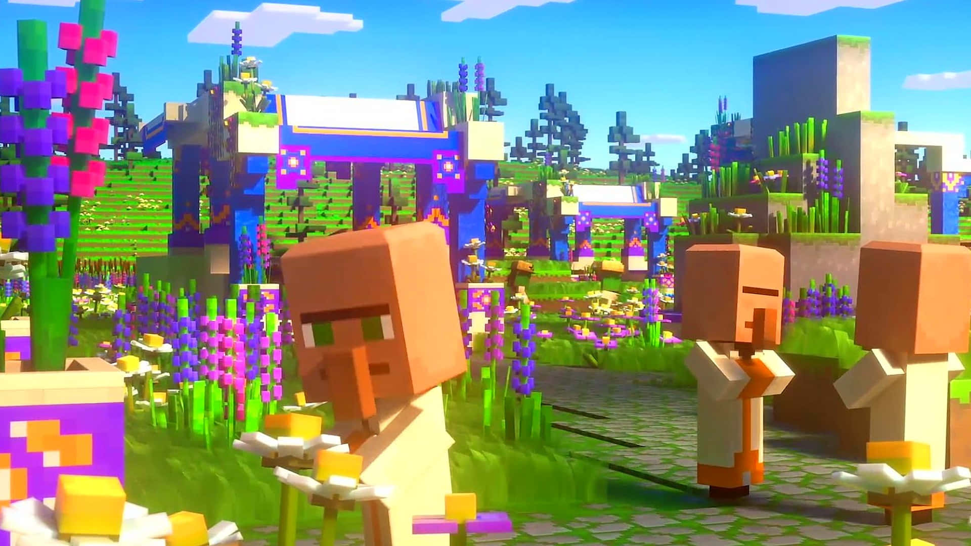 Minecraft, villagers, blocky village, Full HD Desktop Wallpaper