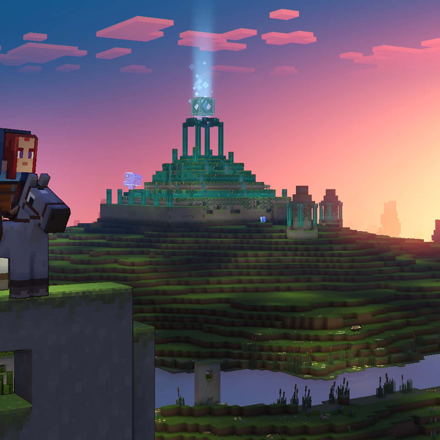 Minecraft Building, glowing pyramid temple, sunset, HD Desktop Wallpaper