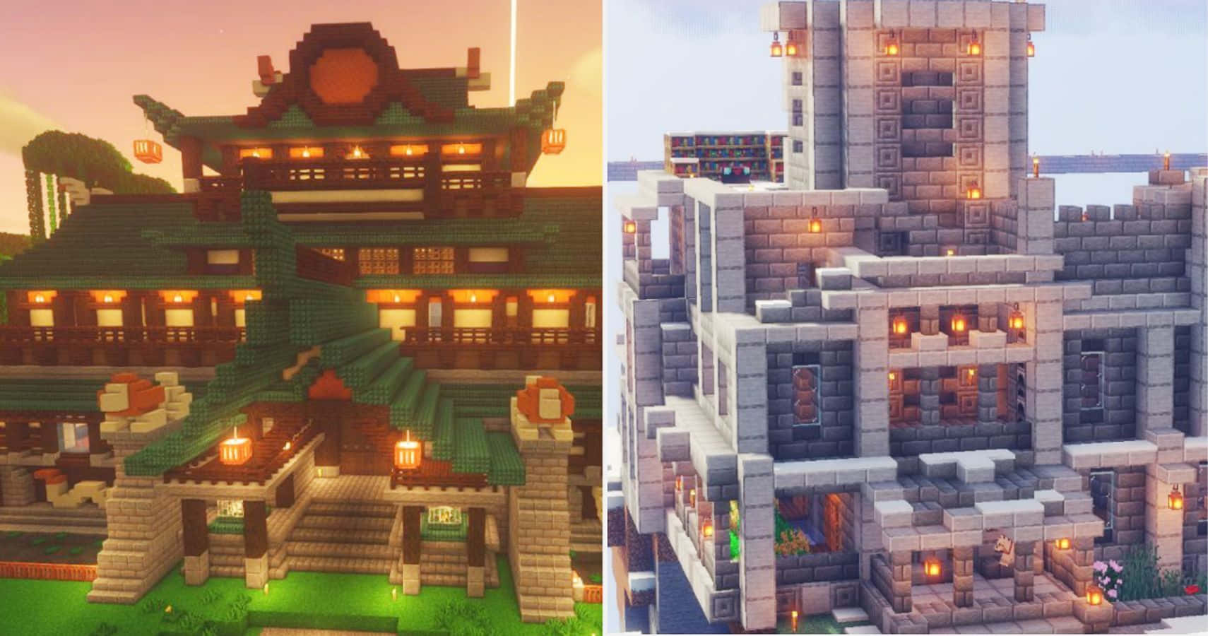 Minecraft Building, Night Landscape, sunset, HD Desktop Wallpaper