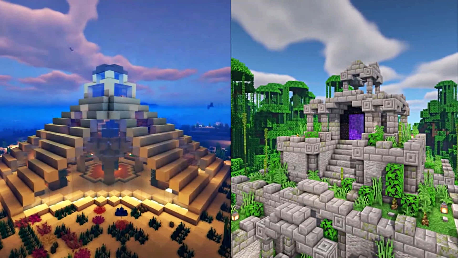 Minecraft Building, glowing pyramid temple, sunset, Full HD Desktop Wallpaper