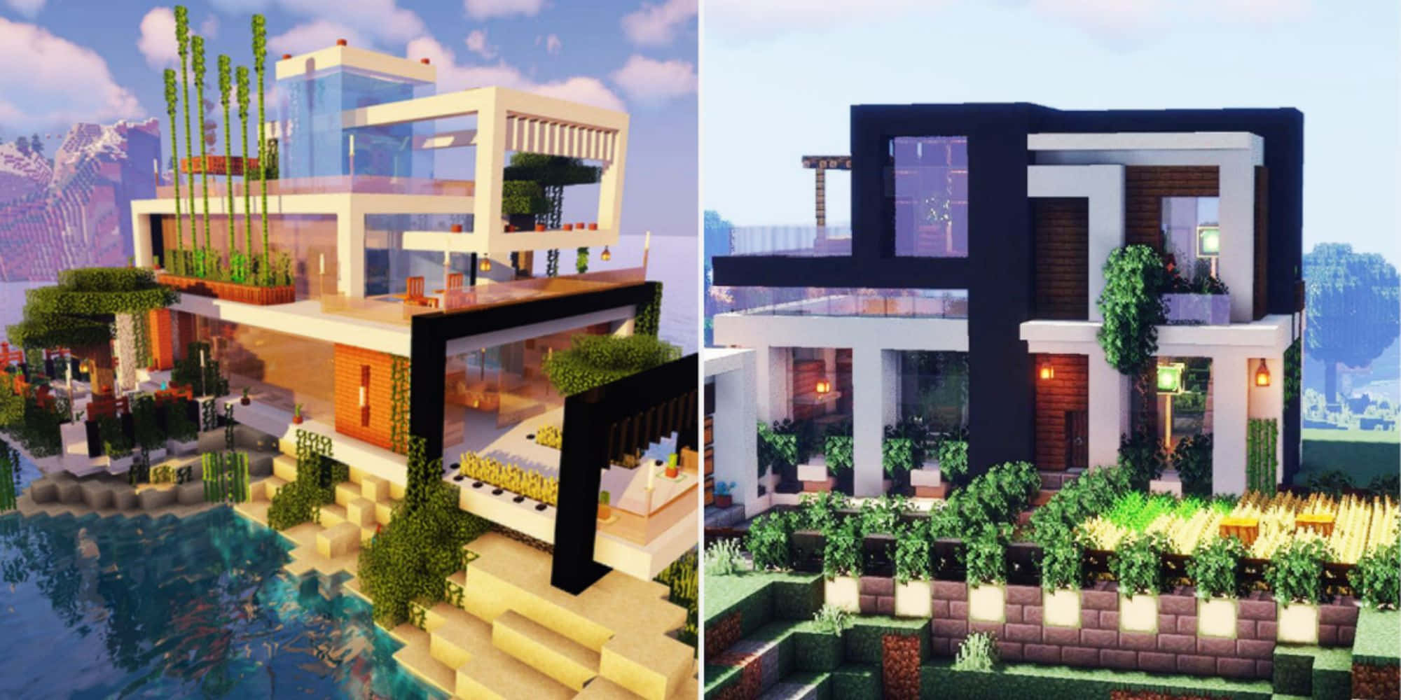 Minecraft Building, glass balconies, lush greenery, Full HD Desktop Wallpaper