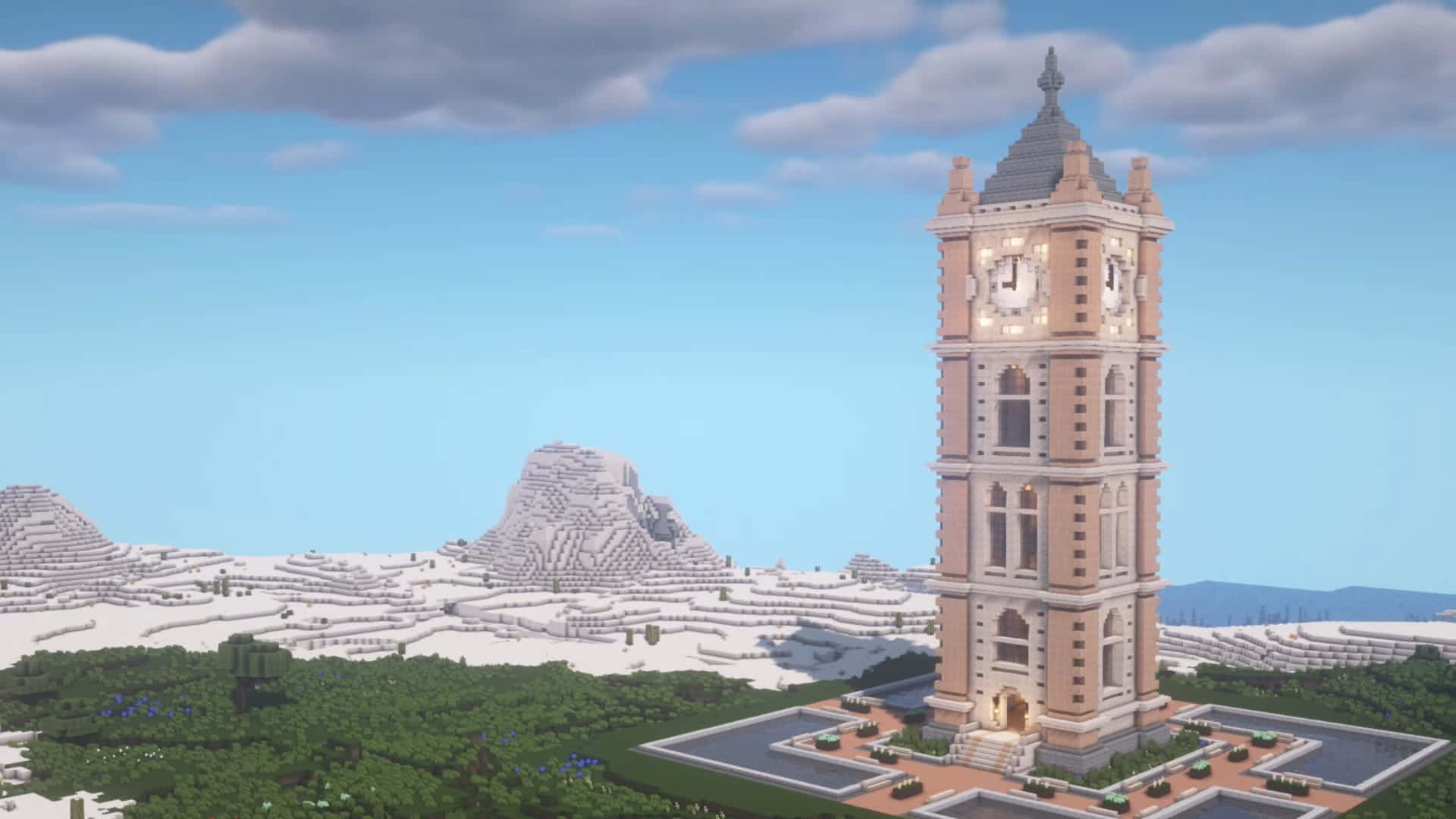 Minecraft, clock tower, glowing windows, Full HD Desktop Wallpaper