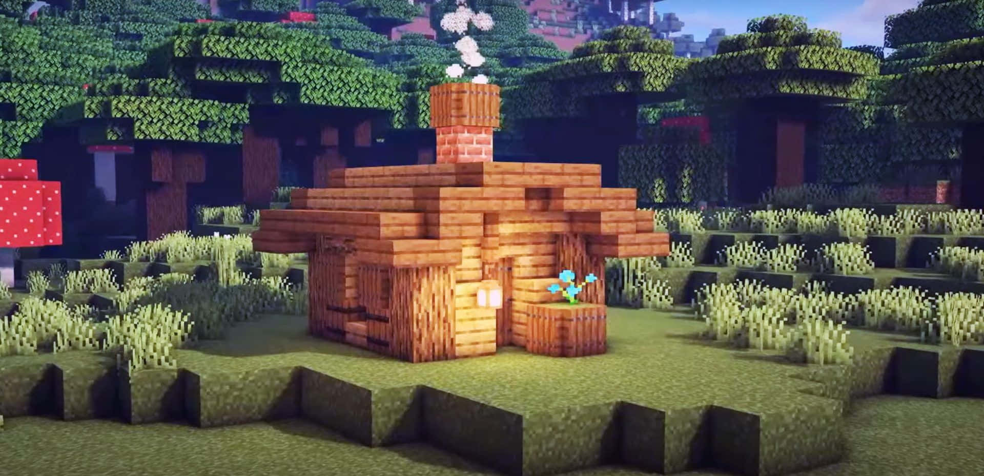 Minecraft Building, Sunset, pixelated wooden cabin, Full HD Desktop Wallpaper
