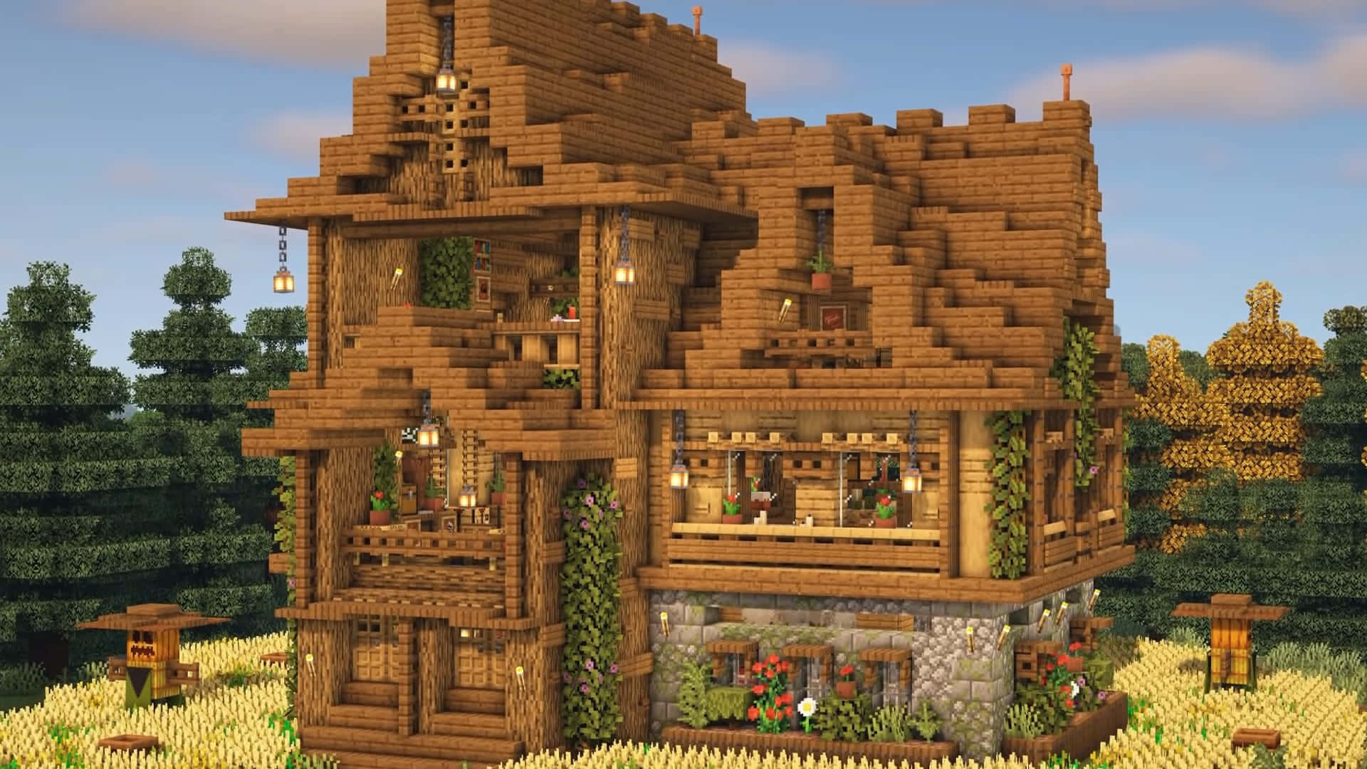 Minecraft, pixelated wooden house, stone foundation, Full HD Desktop Wallpaper