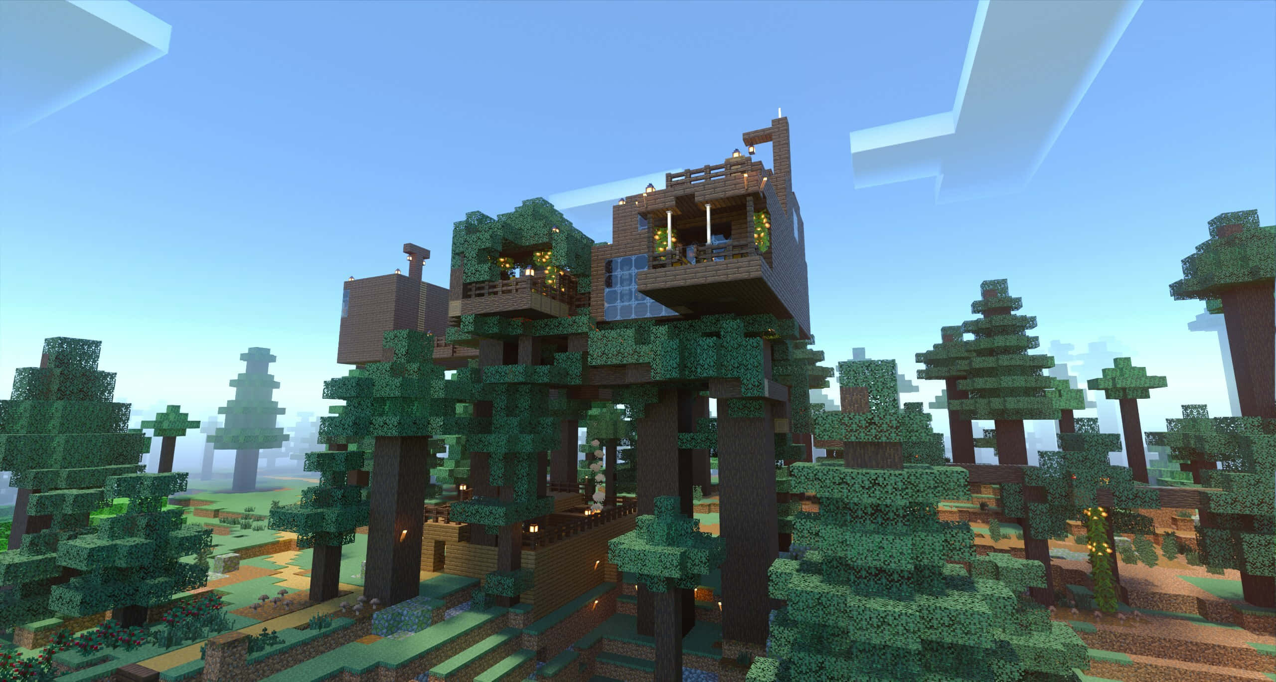 Minecraft Building, pixelated treehouse, blocky green trees, 2K Desktop Wallpaper