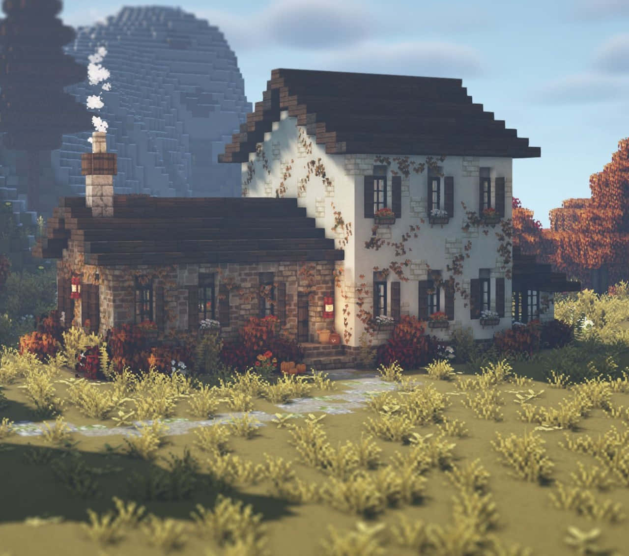 Minecraft, pixelated stone cottage, ivy, HD Desktop Wallpaper