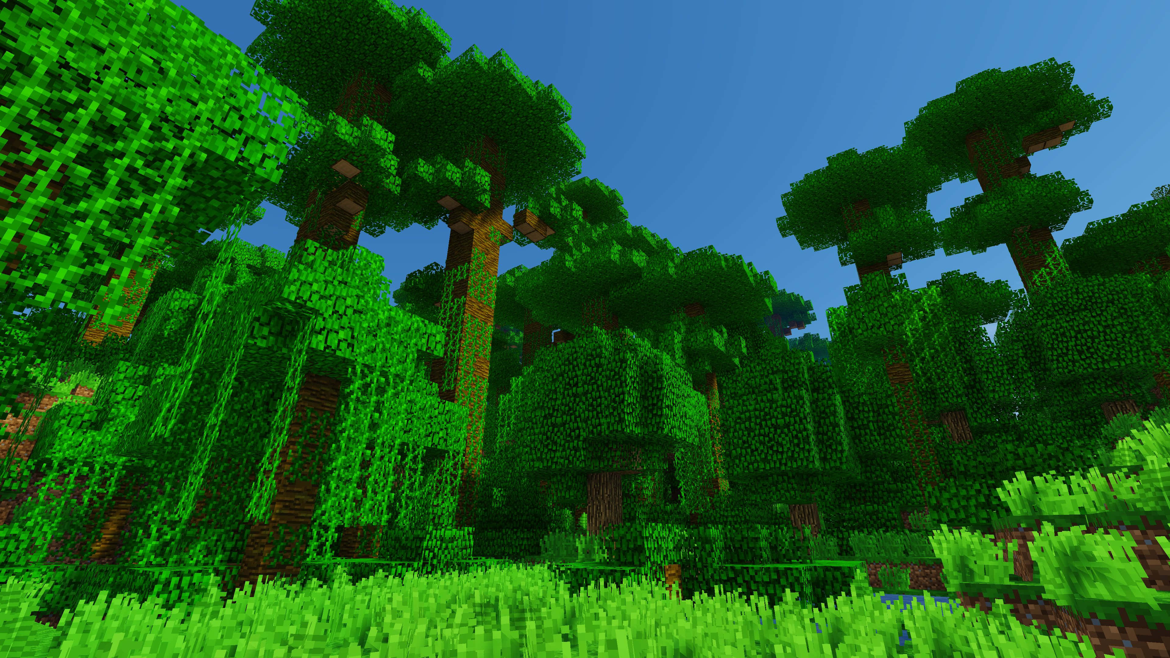 Minecraft, pixelated forest, towering green trees, 4K Desktop Wallpaper