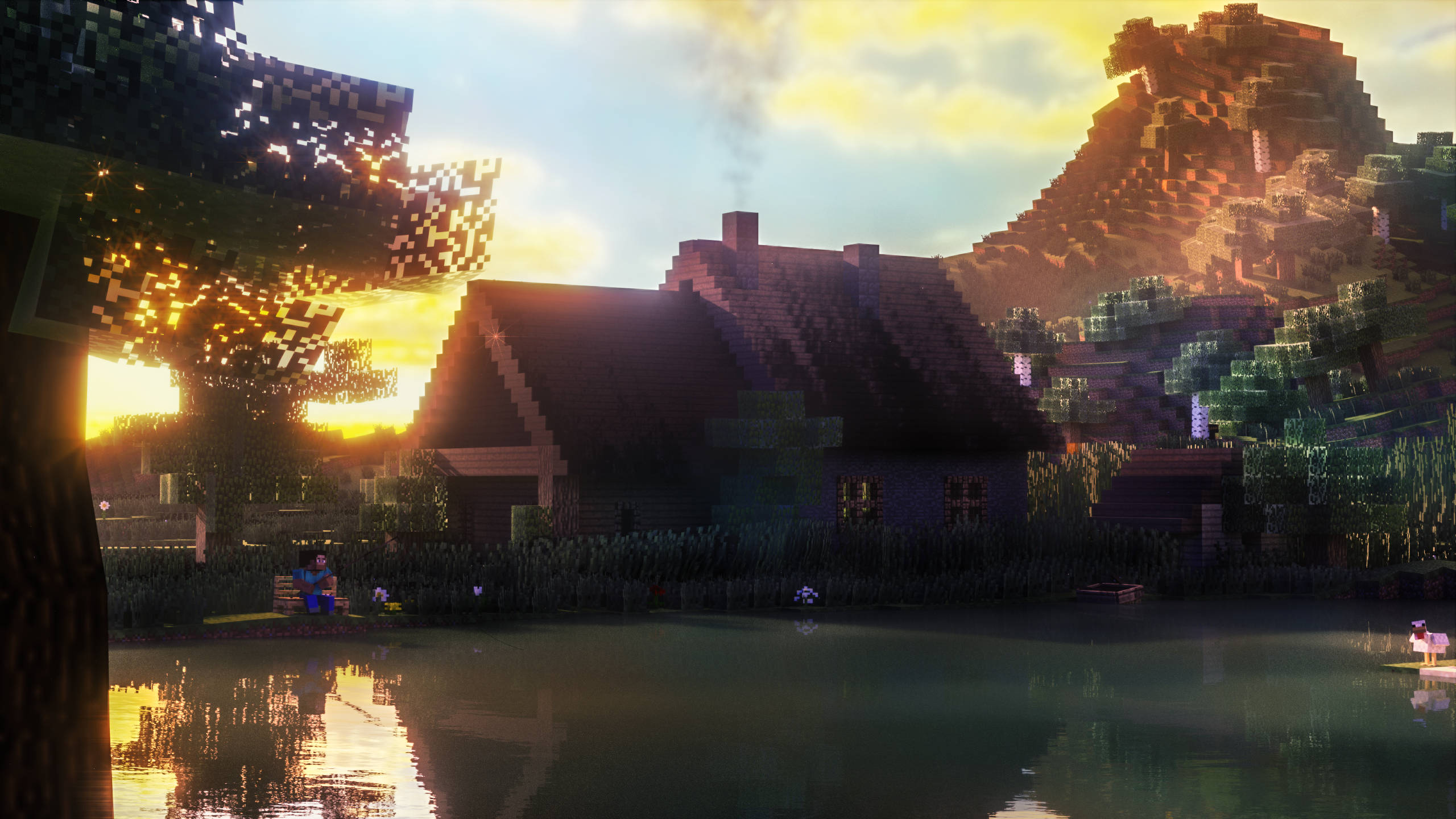 Minecraft, PC, lake side house, 2K Desktop Wallpaper