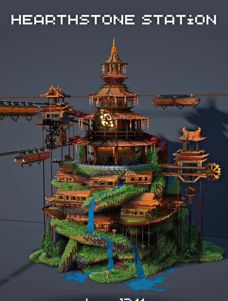 Minecraft, pixel-art fantasy station, tiered wooden towers, SD Phone Wallpaper
