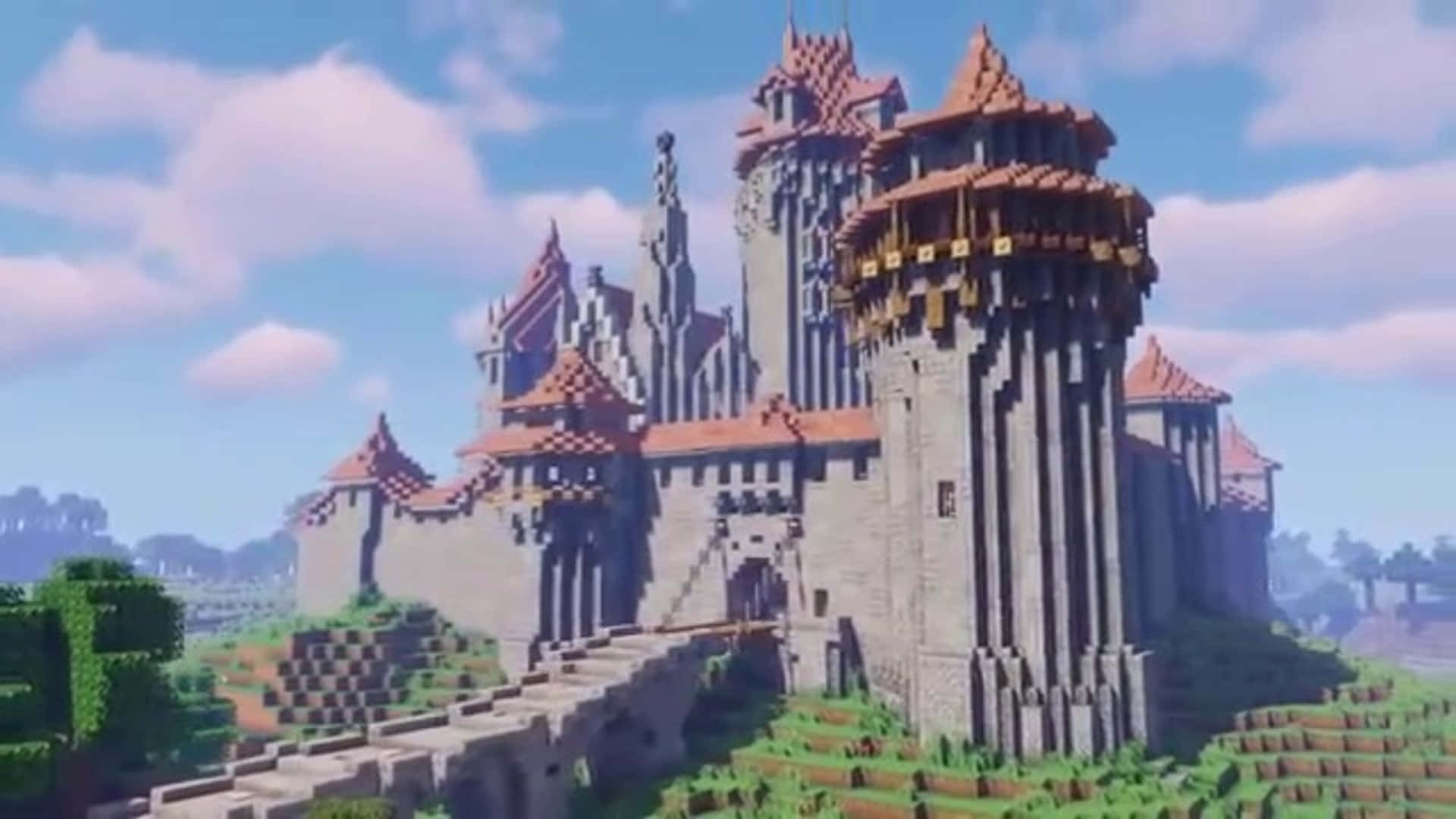 Minecraft Castles, red roofs, stone towers, Full HD Desktop Wallpaper