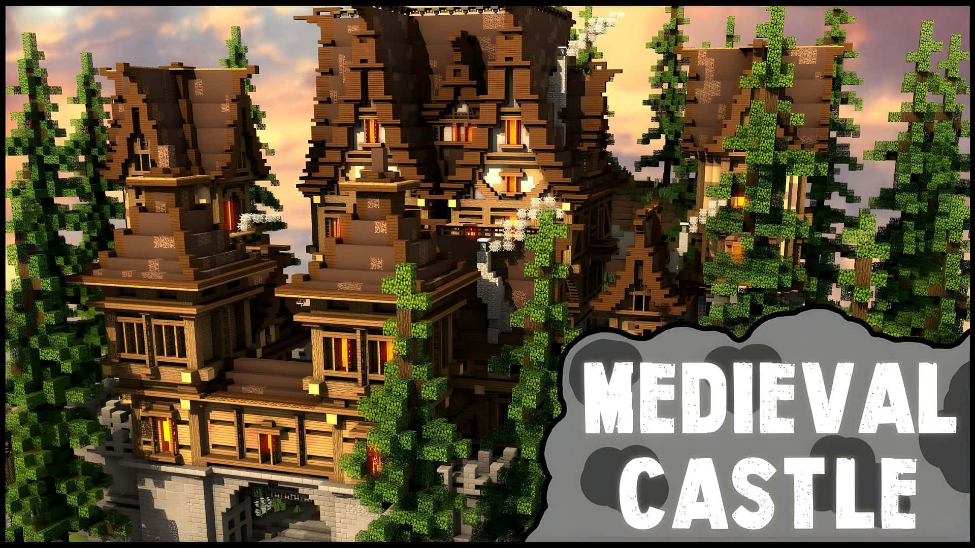 Minecraft Castles, pixelated medieval castle, glowing windows, Full HD Desktop Wallpaper