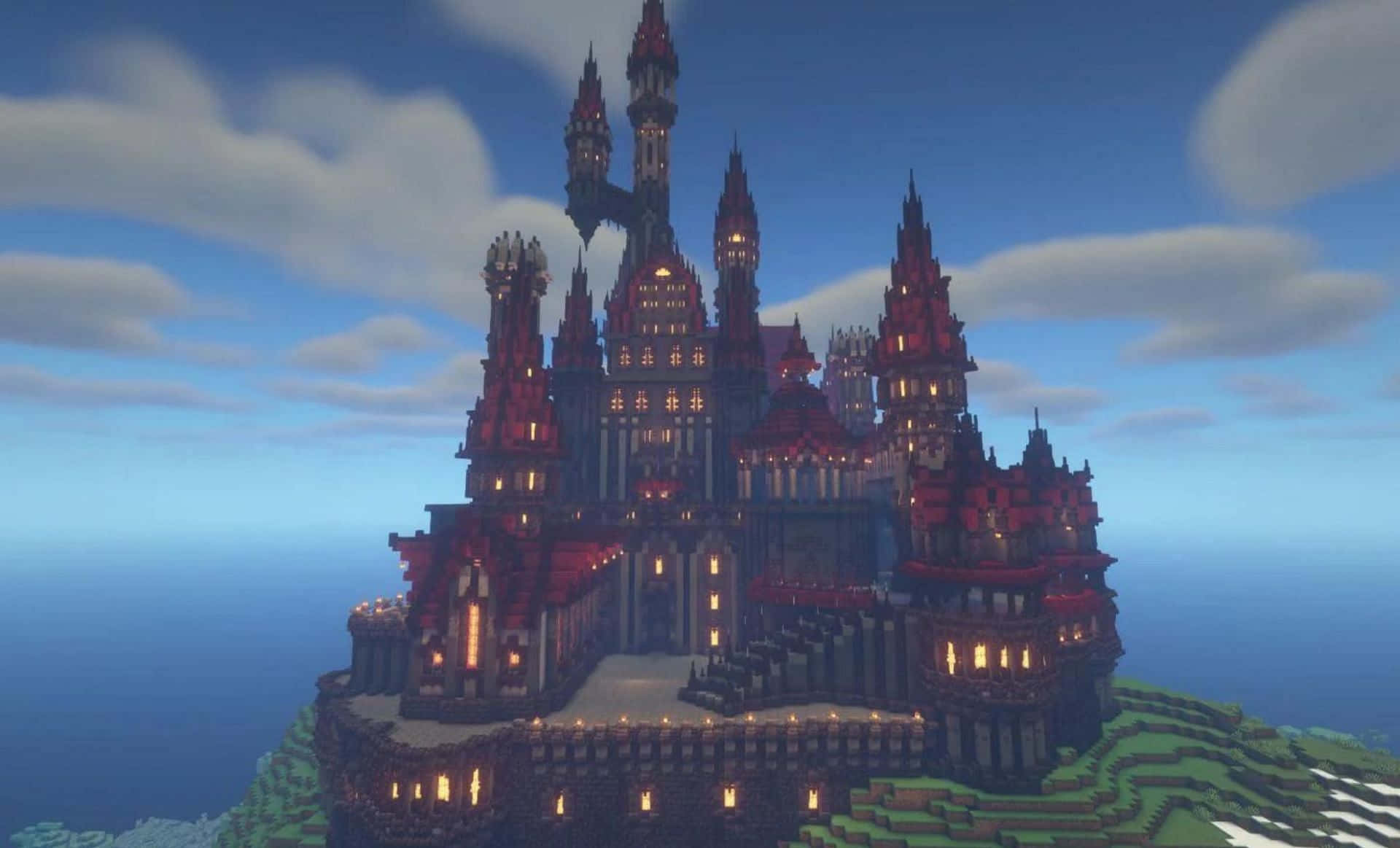 Minecraft Castles, gothic castle, red and black spires, Full HD Desktop Wallpaper