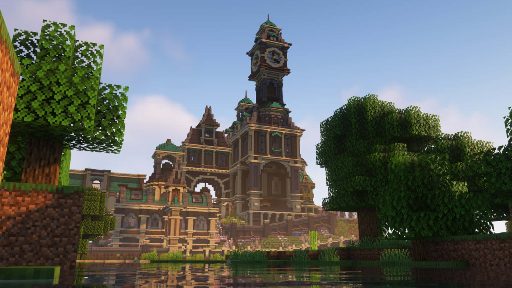 Minecraft Castles, pixelated clock tower, green roofs, HD Desktop Wallpaper