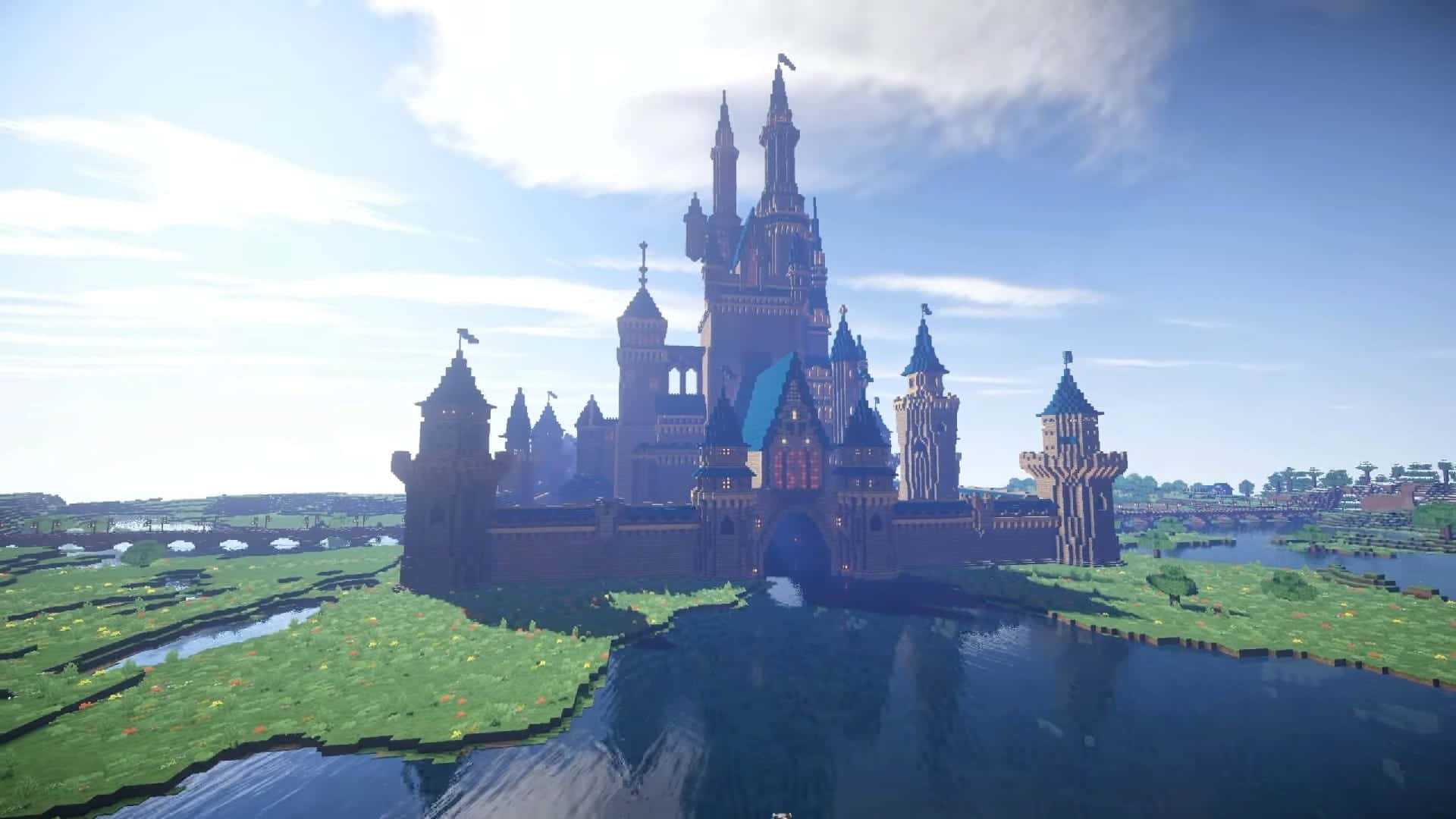Minecraft Castles, blue roofs, red walls, Full HD Desktop Wallpaper