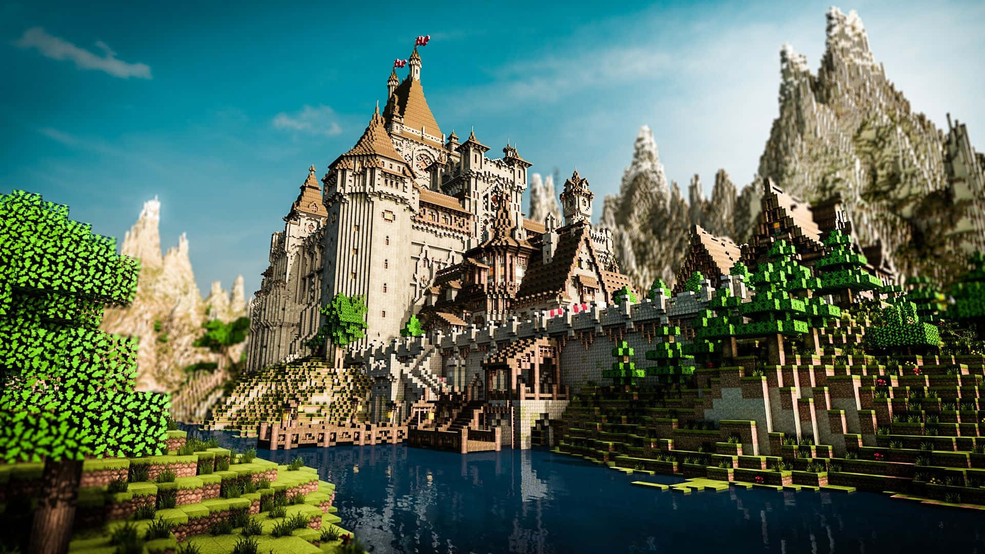 Minecraft Castles, brown roofs, stone walls, Full HD Desktop Wallpaper