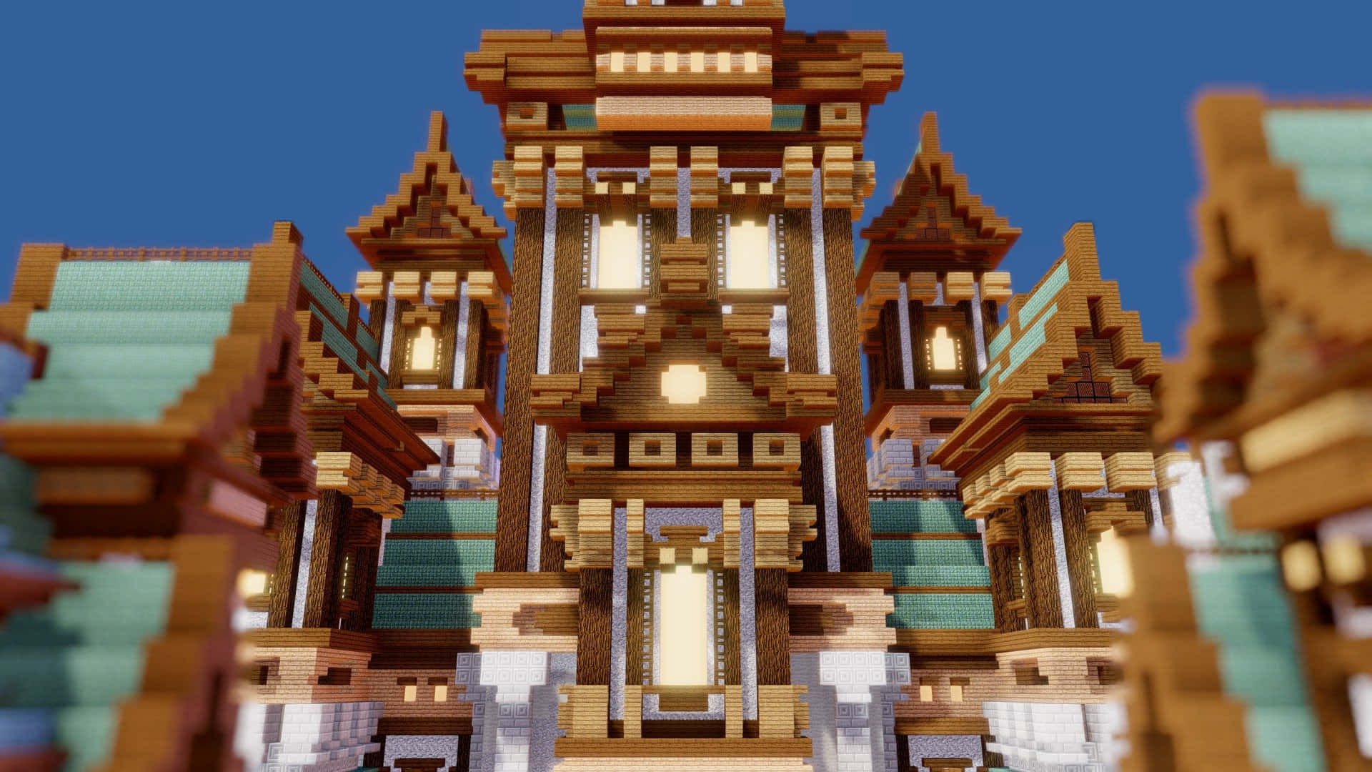 Minecraft Castles, pixelated temple, wooden towers, Full HD Desktop Wallpaper