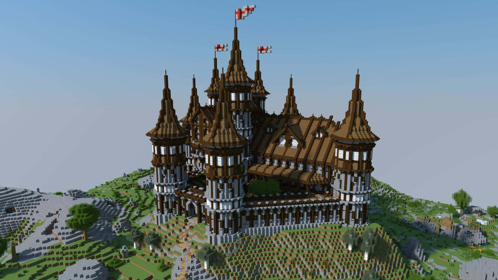 Minecraft Castles, brown roofs, white stone towers, Full HD Desktop Wallpaper
