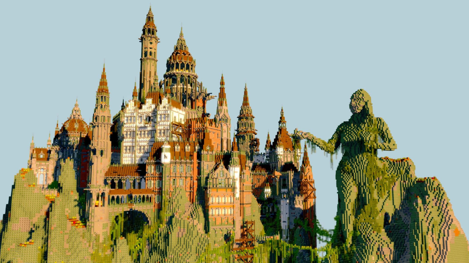 Minecraft Castles, gothic castle, towering statue, Full HD Desktop Wallpaper