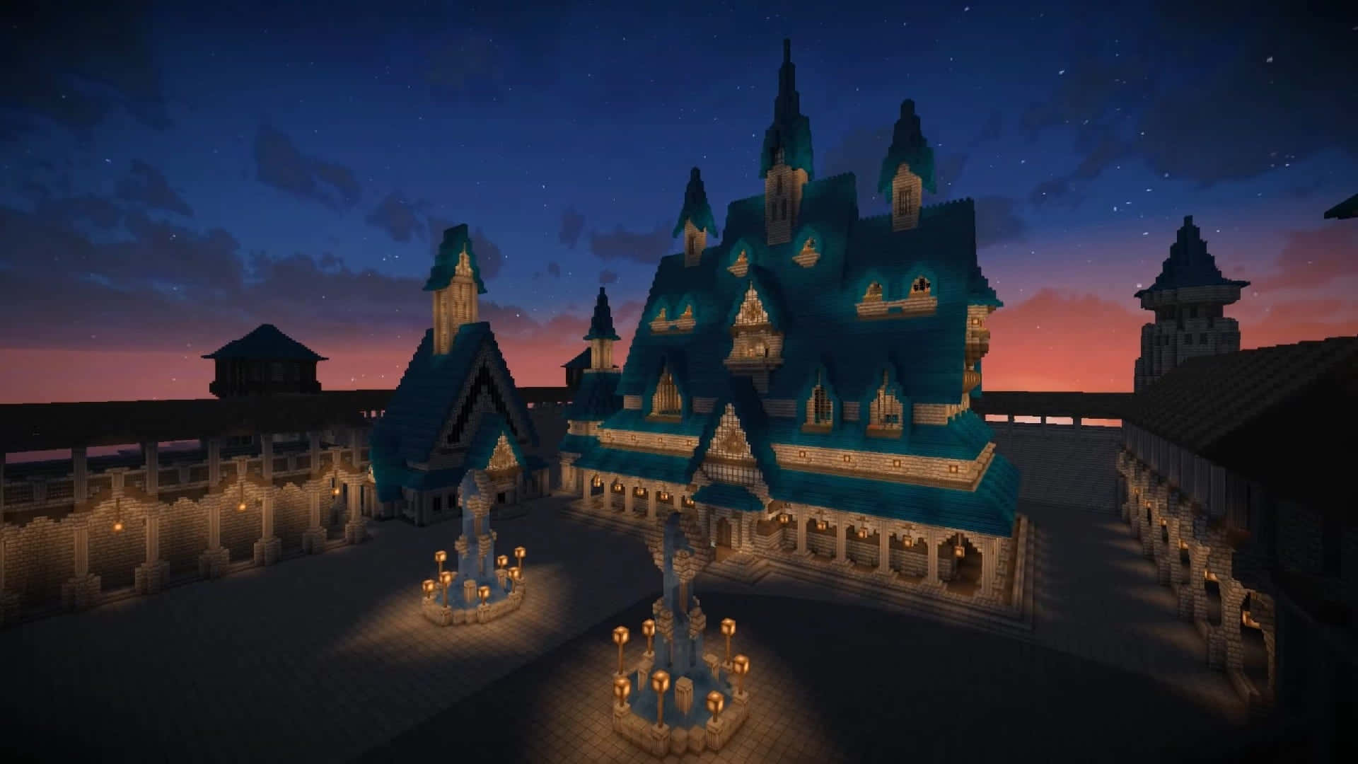 Minecraft Castles, teal roofs, glowing lanterns, Full HD Desktop Wallpaper