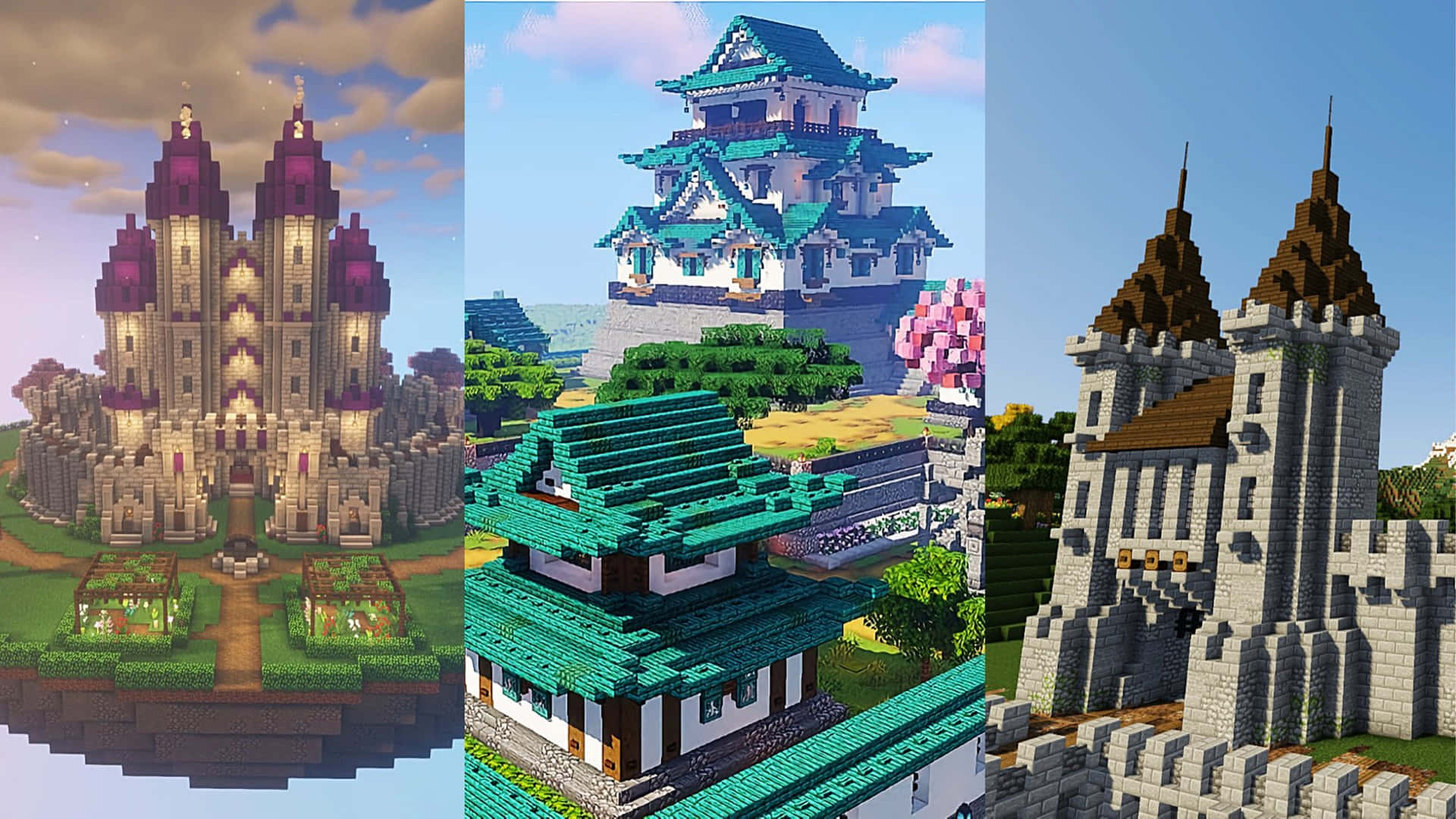Minecraft Castles, dusk, three pixelated Minecraft castles, Full HD Desktop Wallpaper