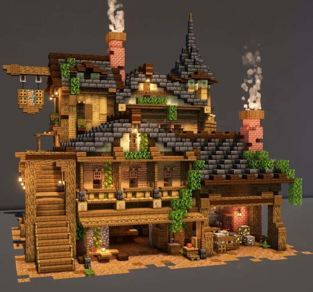 Minecraft, pixelated wooden house, stone roof, SD Desktop Wallpaper