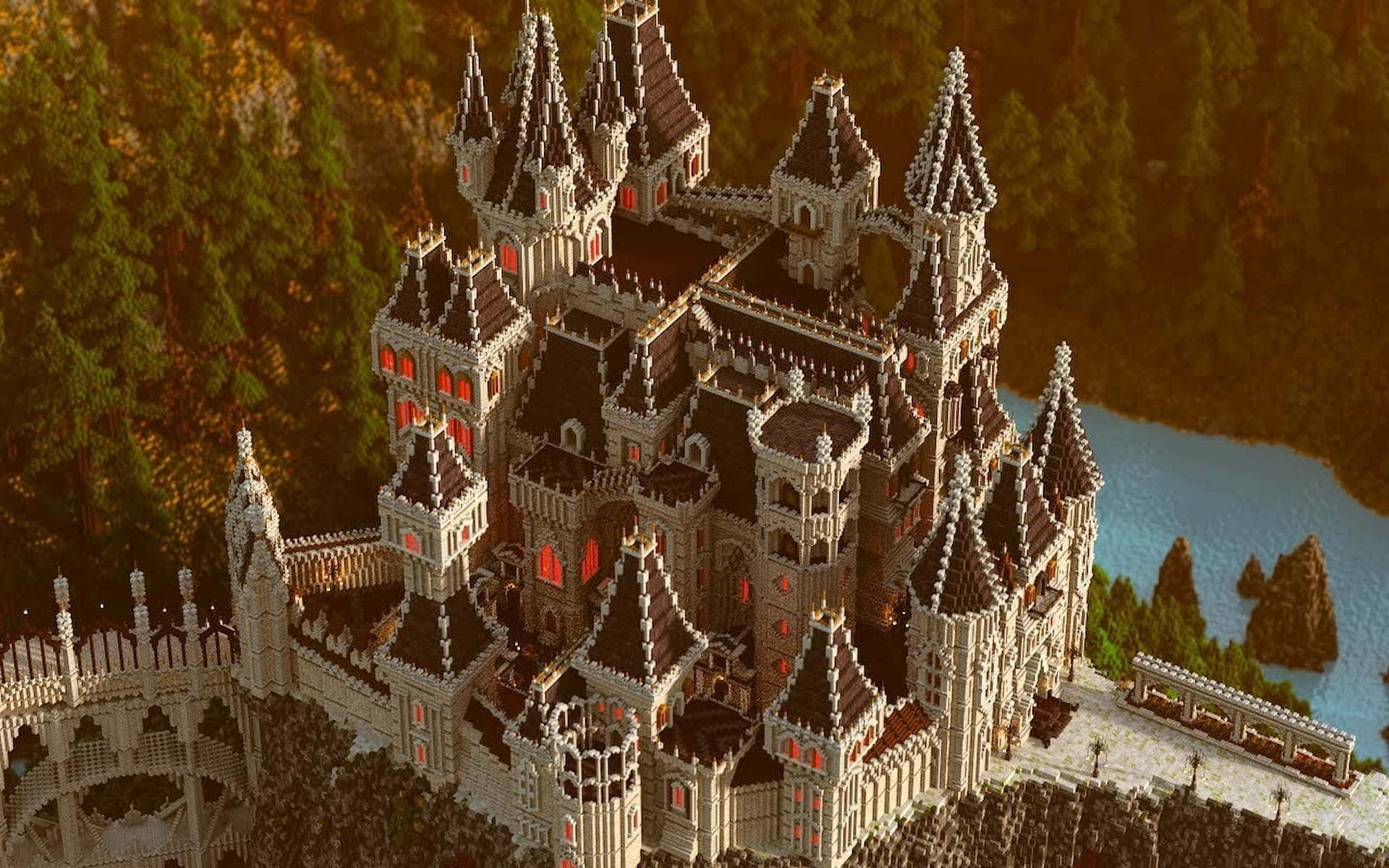 Minecraft Castles, gothic castle, glowing red windows, Full HD Desktop Wallpaper