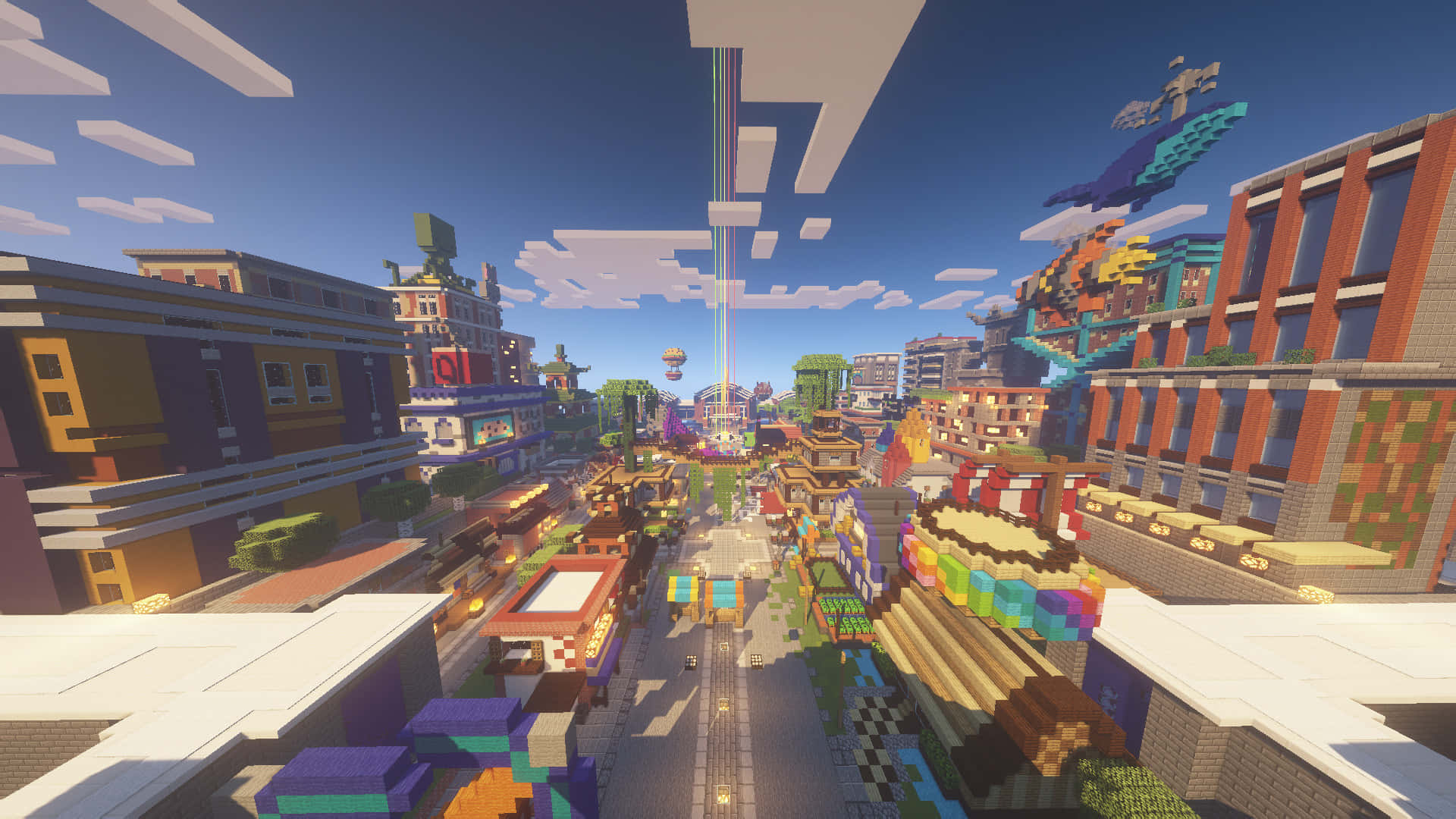 Minecraft, cityscape, blocky buildings, Full HD Desktop Wallpaper