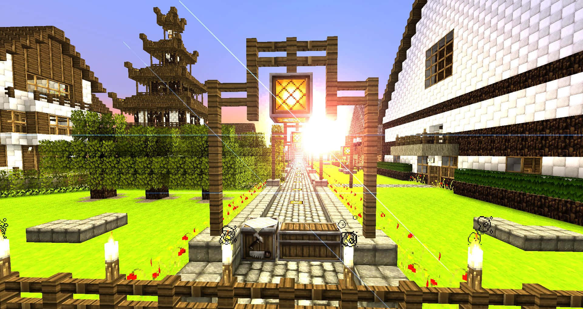 Minecraft City, Sunset, wooden torii gates, Full HD Desktop Wallpaper