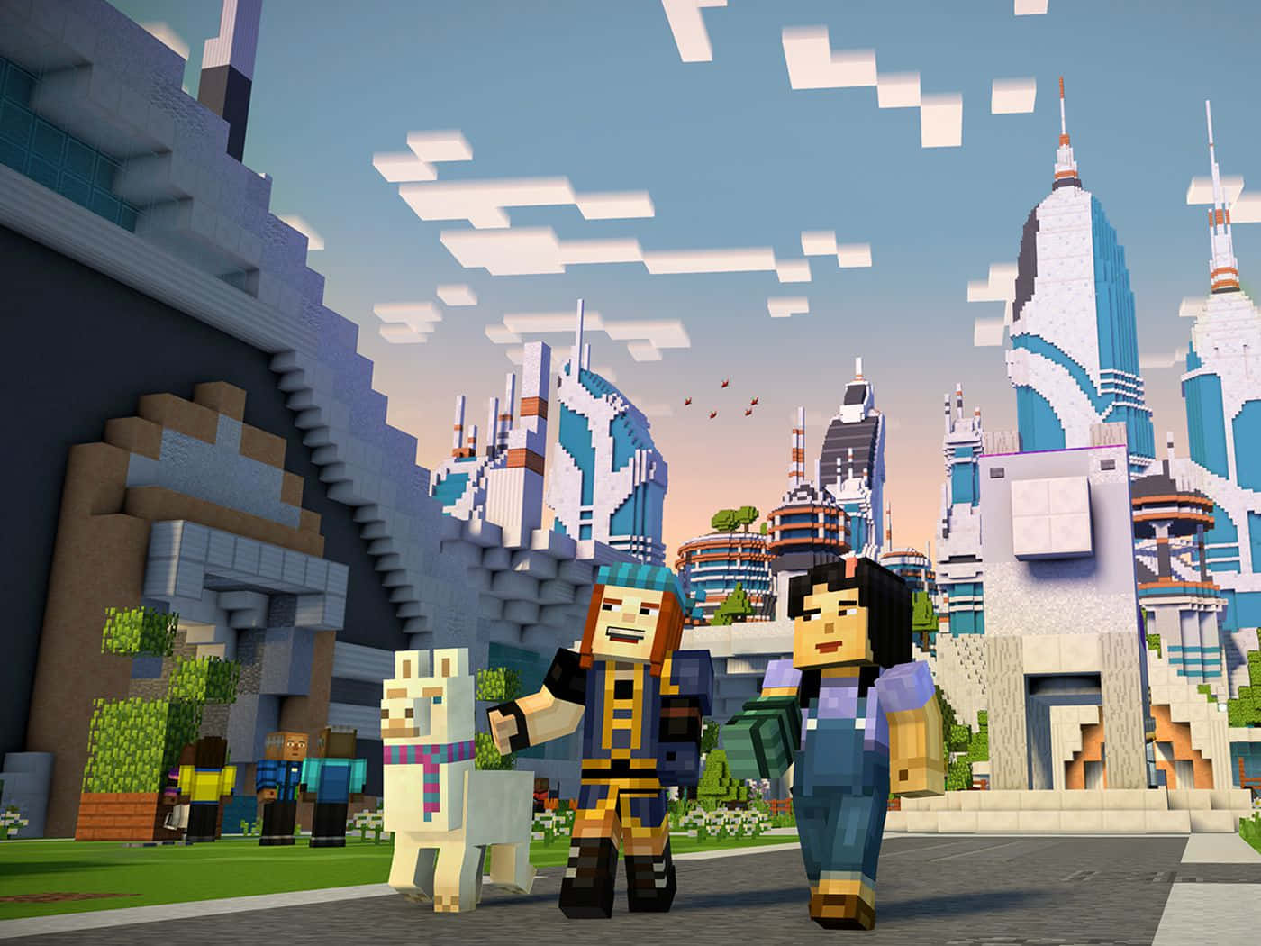 Minecraft City, Sunset, Minecraft characters, HD Desktop Wallpaper