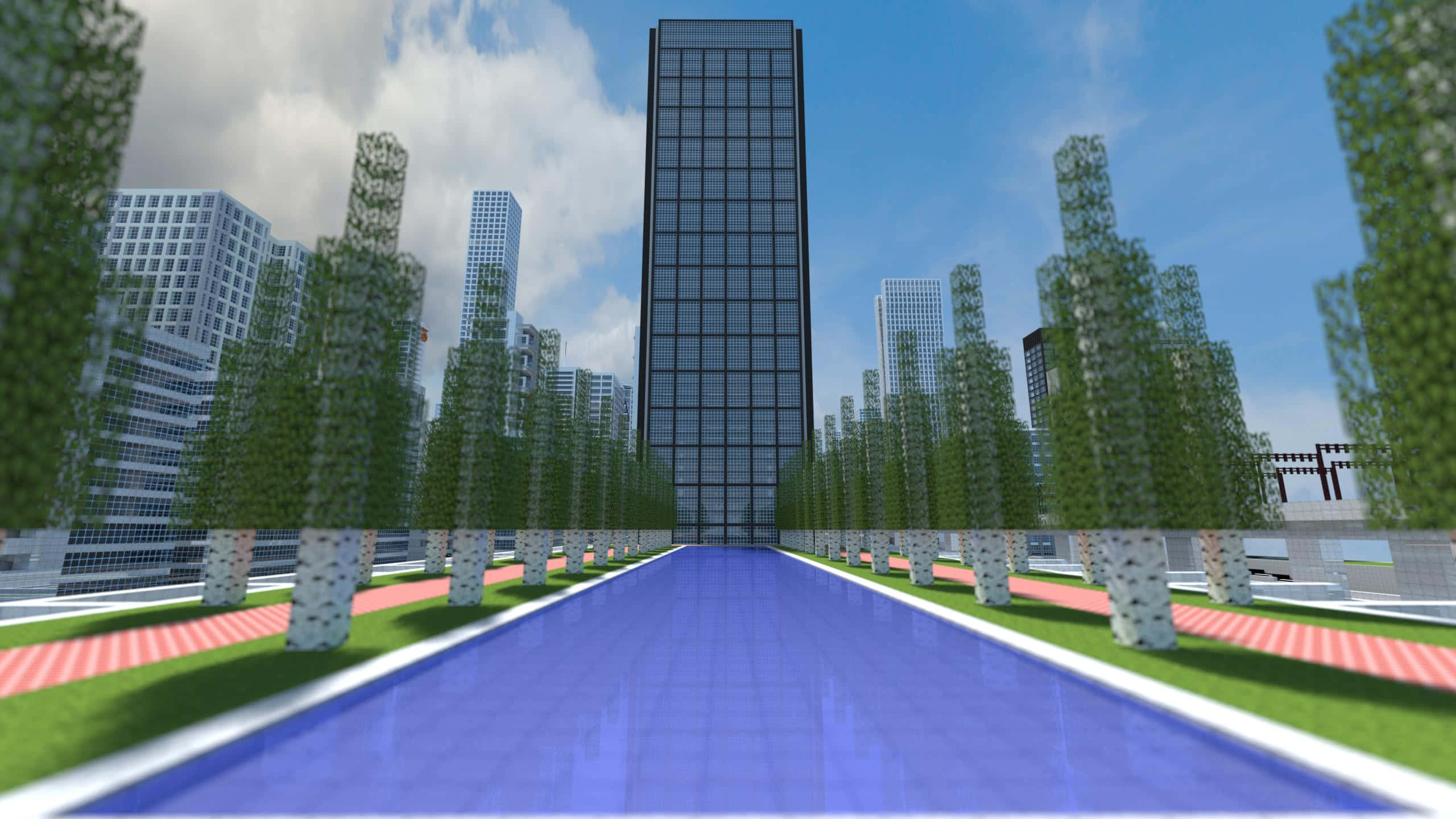Minecraft City, glass skyscrapers, lush green trees, 2K Desktop Wallpaper