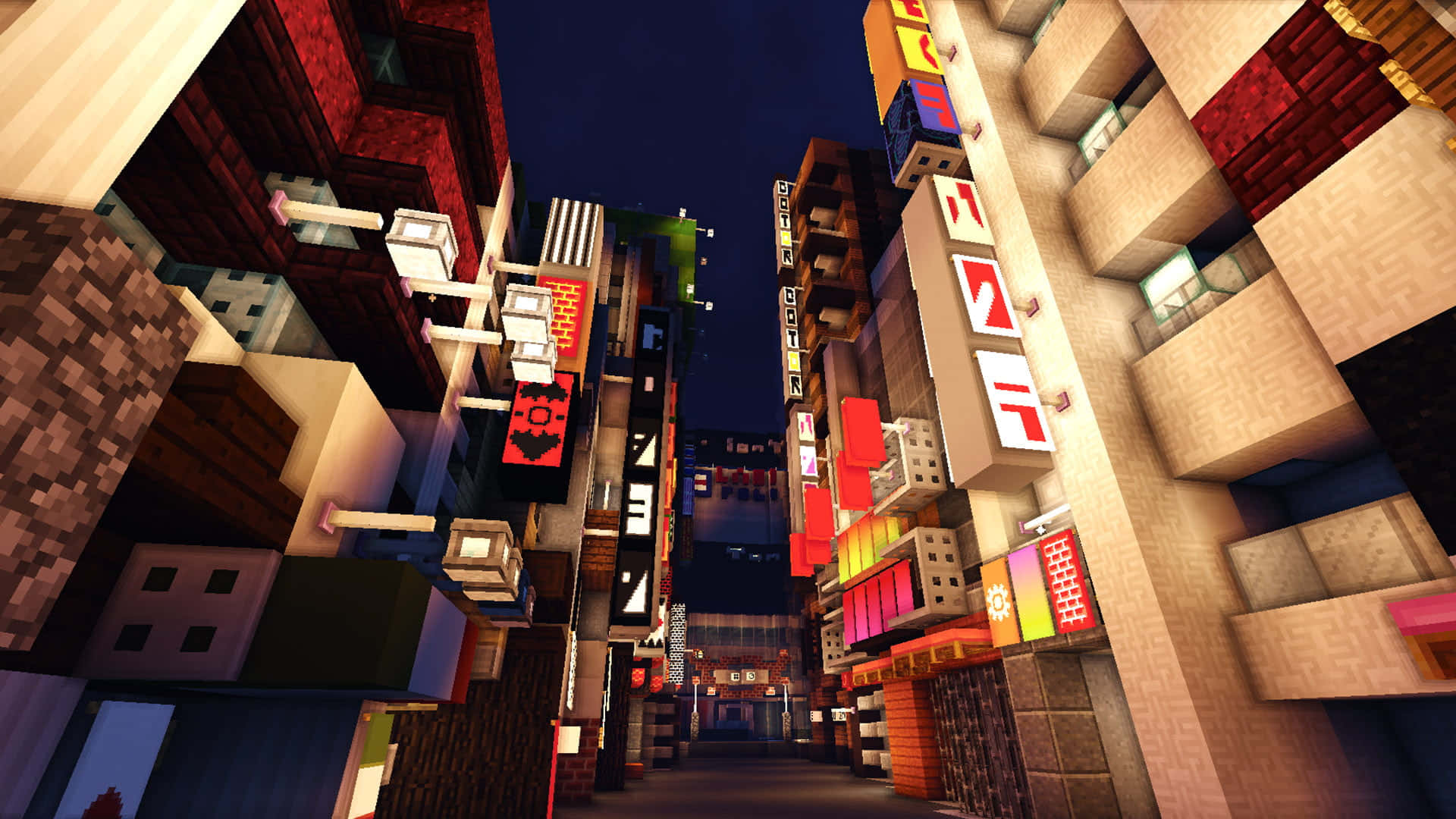 Minecraft City, pixelated city alley, glowing neon signs, Full HD Desktop Wallpaper
