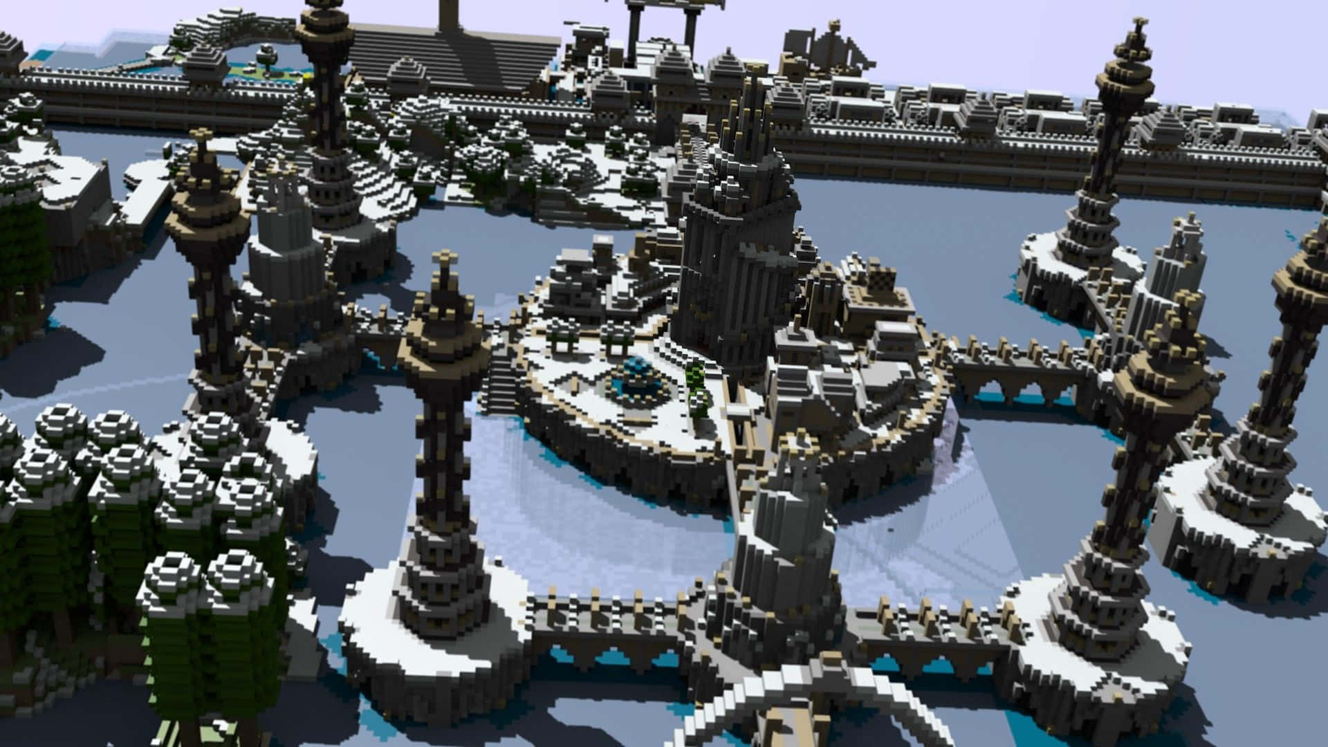 Minecraft City, pixelated fantasy city, snow-covered islands, Full HD Desktop Wallpaper
