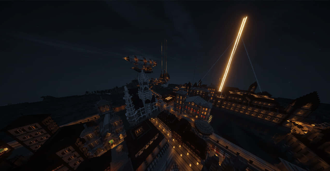 Minecraft City, nighttime, glowing neon lights, HD Desktop Wallpaper