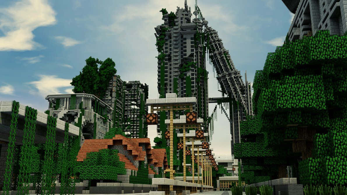 Minecraft City, pixelated skyscrapers, vibrant green vines, SD Desktop Wallpaper