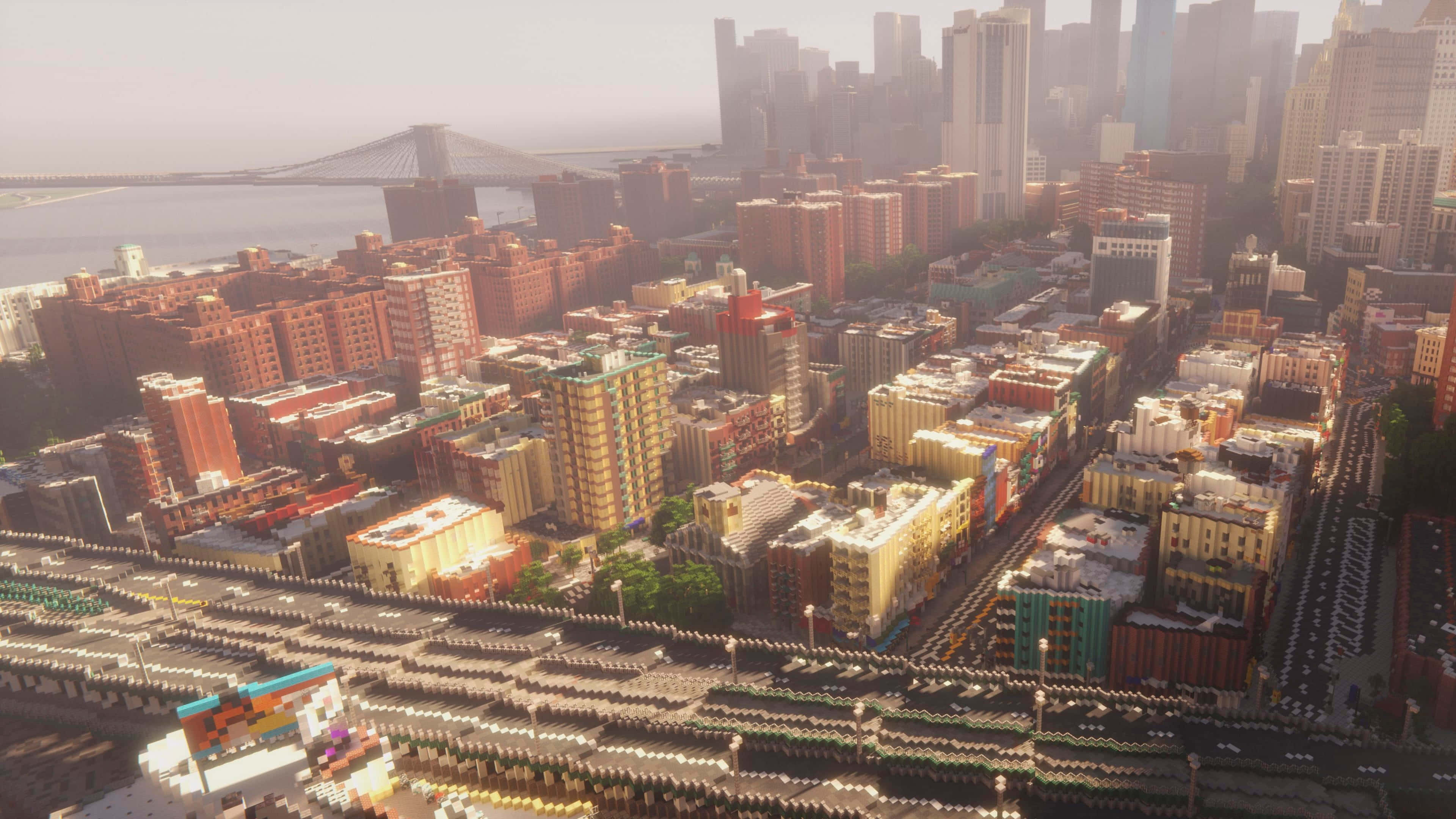 Minecraft City, aerial view, sunlit cityscape, 4K Desktop Wallpaper