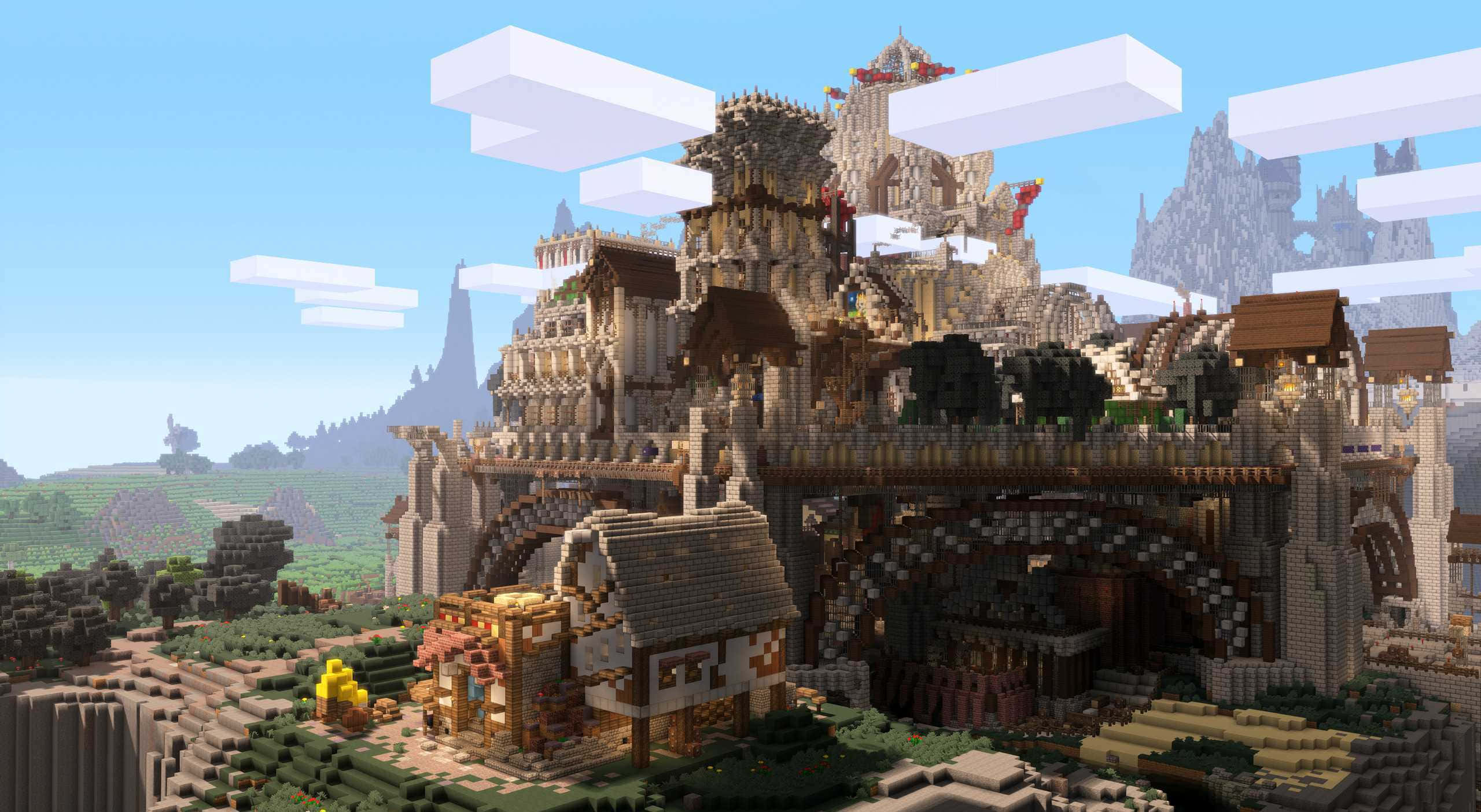 Minecraft City, pixelated castle, floating islands, 2K Desktop Wallpaper